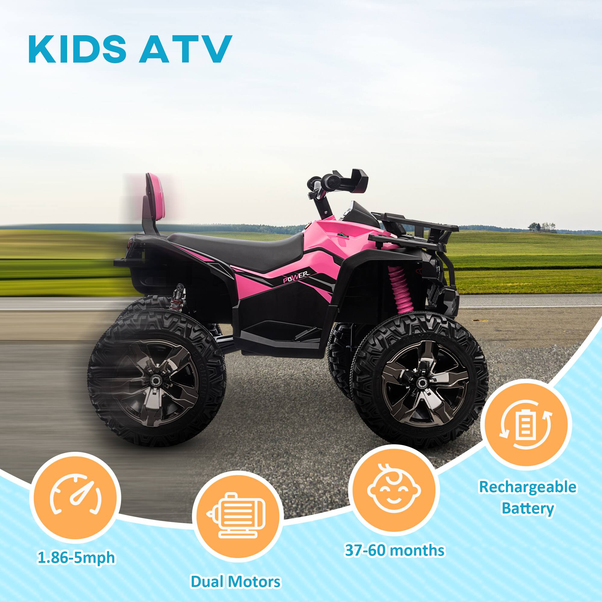 KIDS ATV

- 1.86-5mph
- Dual Motors
- Rechargeable Battery
- 37-60 months