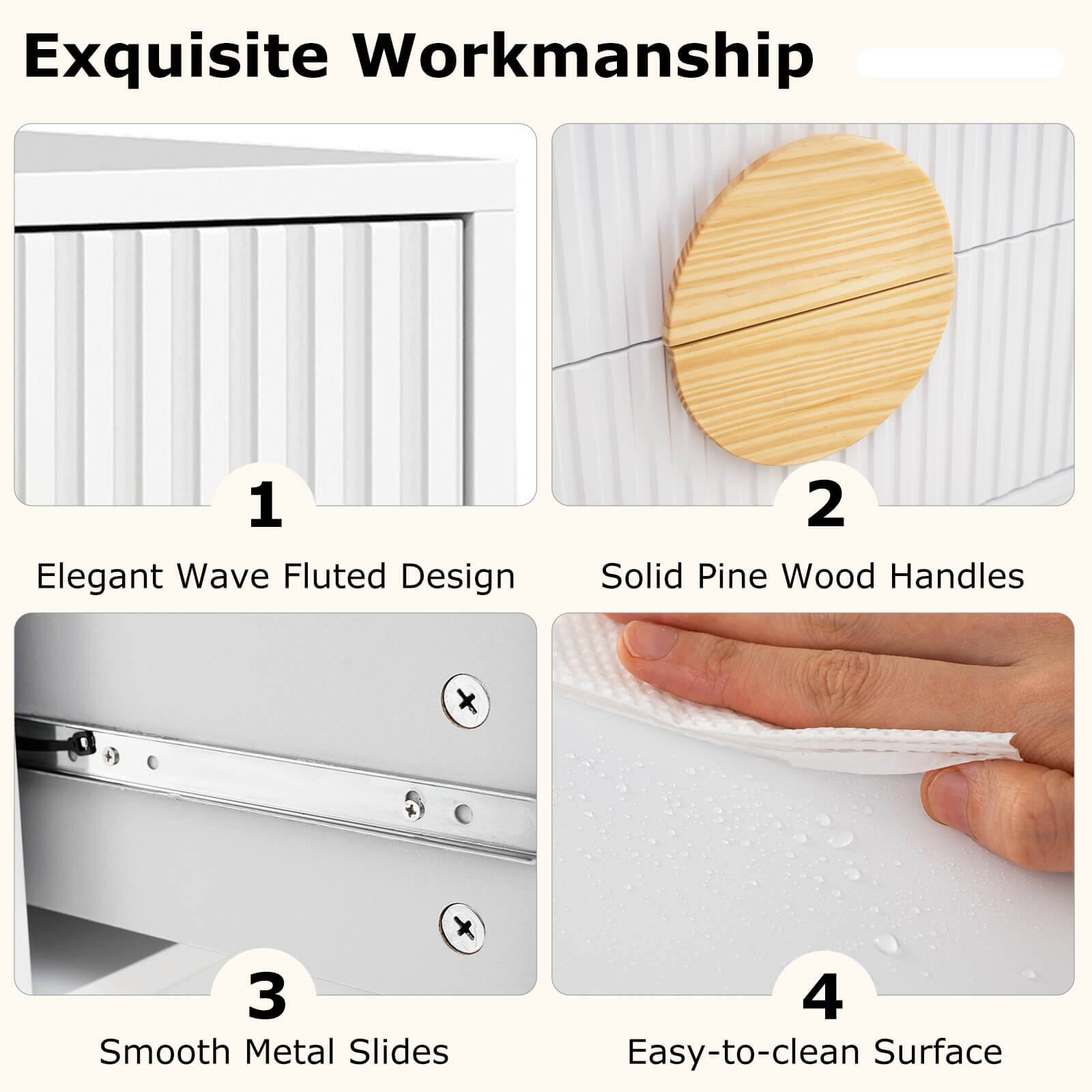1. Elegant Wave Fluted Design  
2. Solid Pine Wood Handles  
3. Smooth Metal Slides  
4. Easy-to-clean Surface