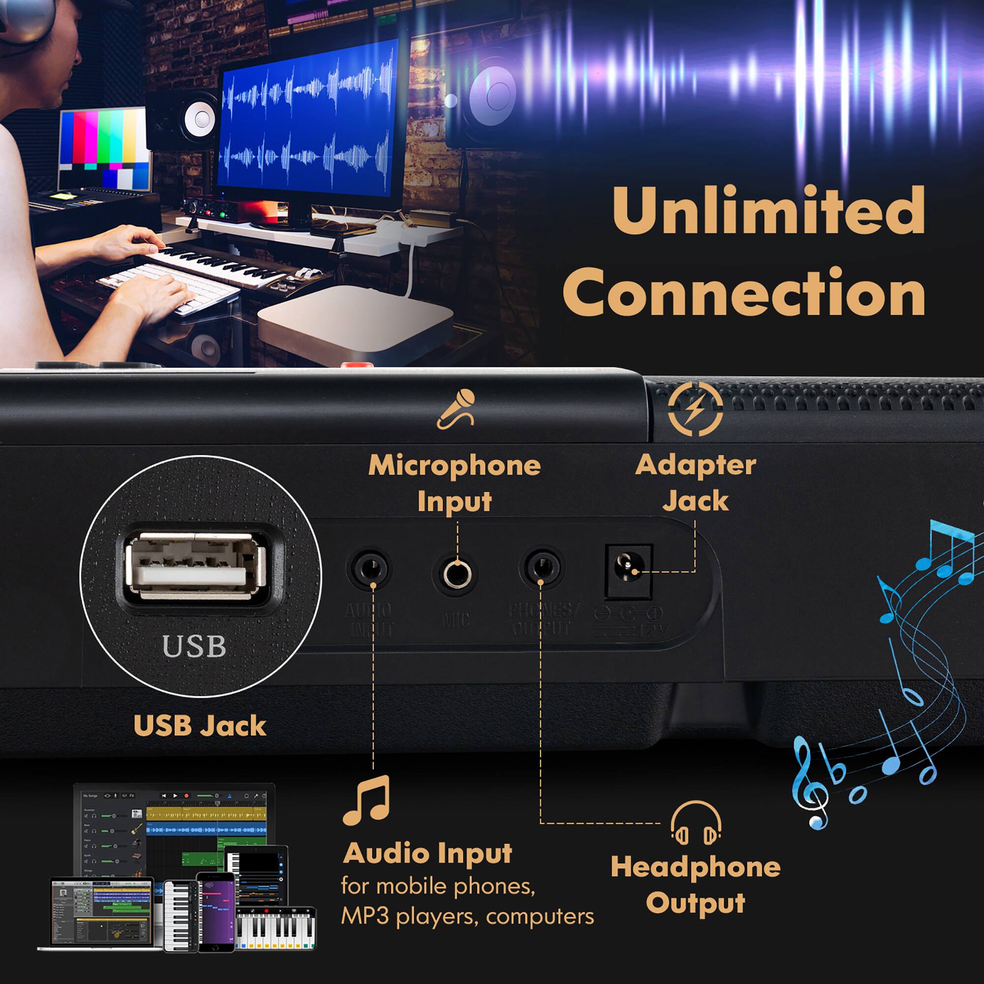 Unlimited Connection

Microphone Input Adapter Jack USB

Audio Input for mobile phones, MP3 players, computers

Headphone Output

USB Jack