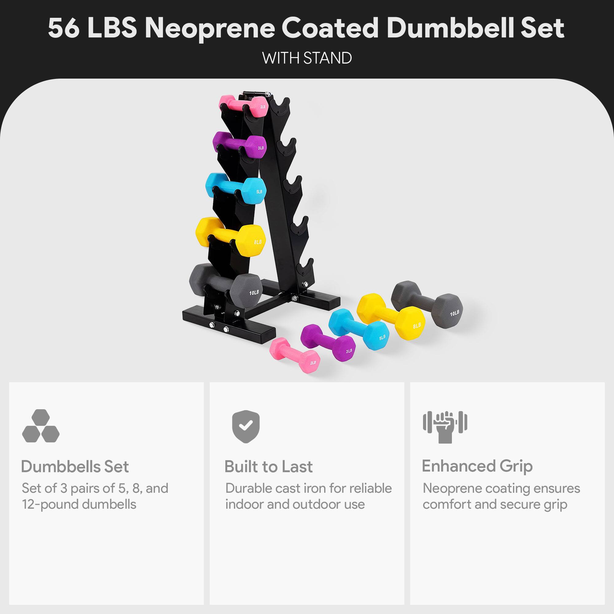 56 LBS Neoprene Coated Dumbbell Set WITH STAND

Dumbbells Set
Set of 3 pairs of 5, 8, and 12-pound dumbbells

Built to Last
Durable cast iron for reliable indoor and outdoor use

Enhanced Grip
Neoprene coating ensures comfort and secure grip