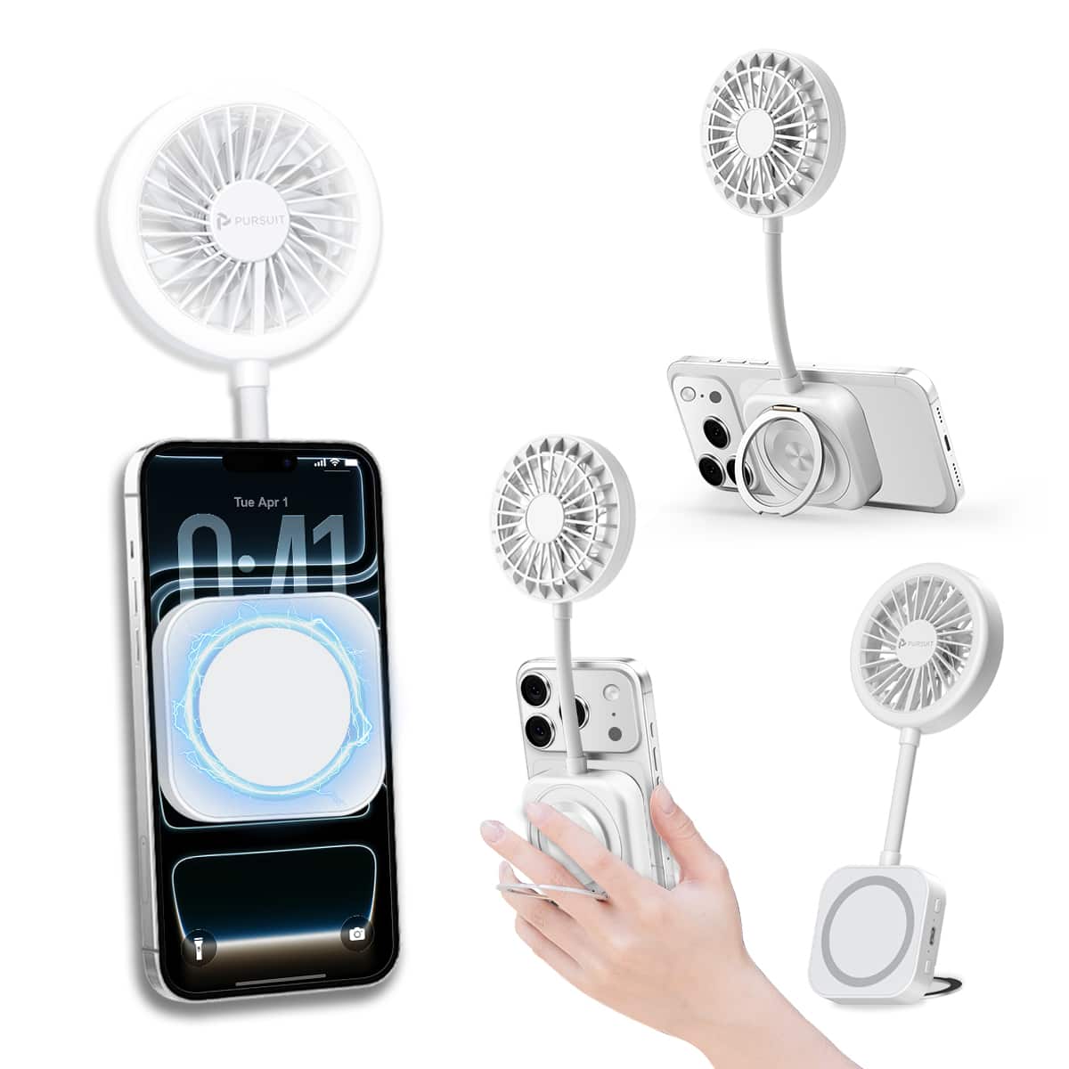 Pursuit - Magnetic Portable Fan Magsafe Compatible Mini Personal Fan with 3-Level Ring Light and Adjustable Hands-Free Phone Mount - White