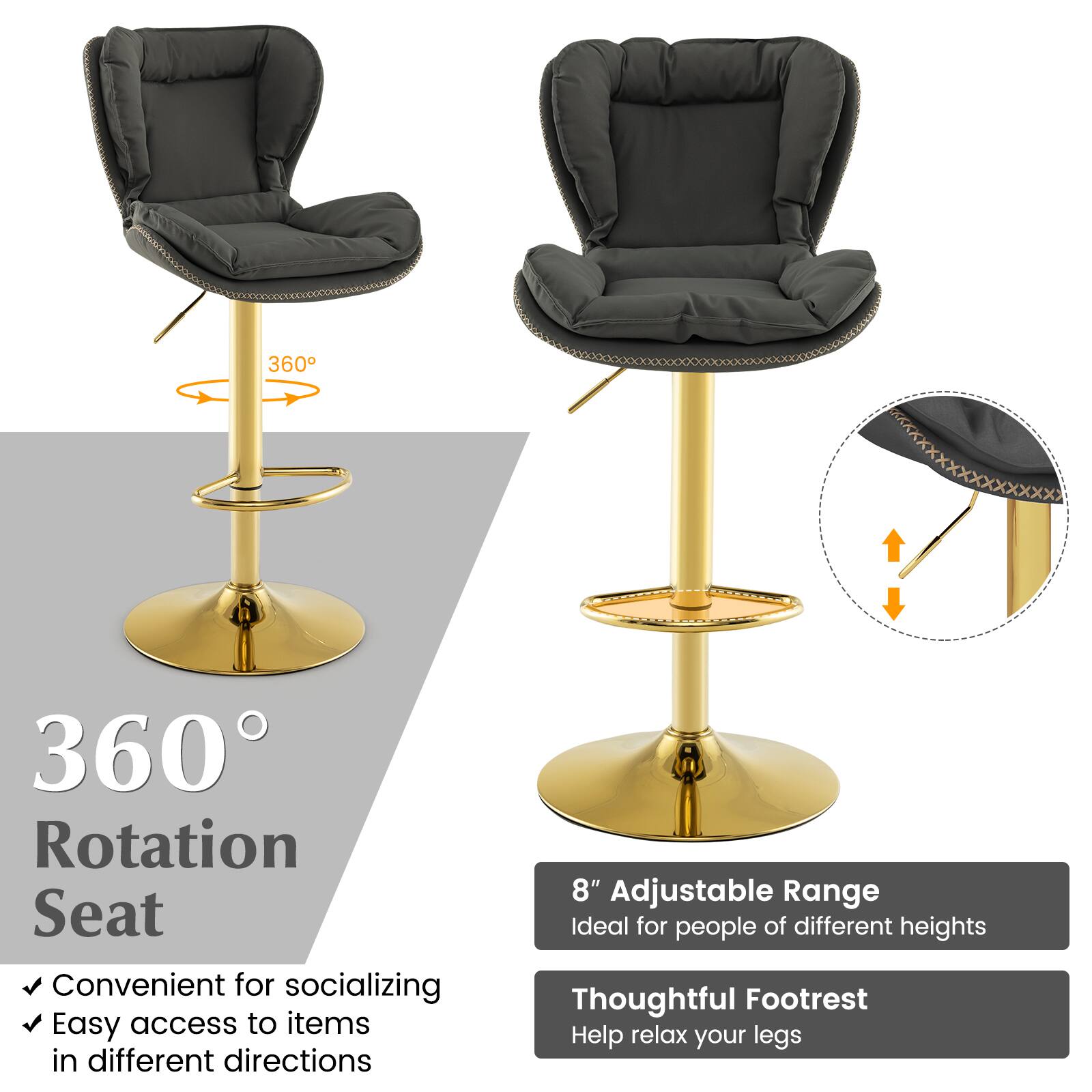 360 Rotation Seat, Convenient for socializing, Easy access to items in different directions, 8" Adjustable Range, Ideal for people of different heights, Thoughtful Footrest, Help relax your legs