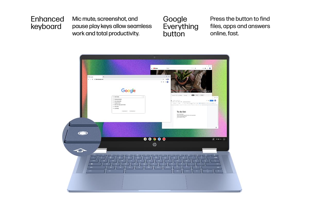 Enhanced keyboard

Mic mute, screenshot, and pause play keys allow seamless work and total productivity.

Google Everything button

Press the button to find files, apps and answers online, fast.