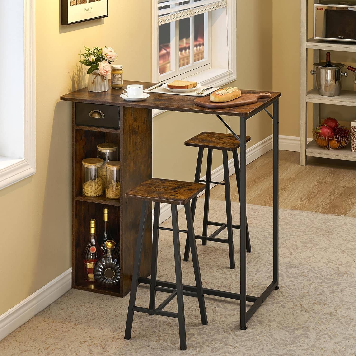 GARVEE - Kitchen Dining Table Set, 3 Piece Counter Height Bar Counter Table Set with Storage Drawer Shelves - Brown