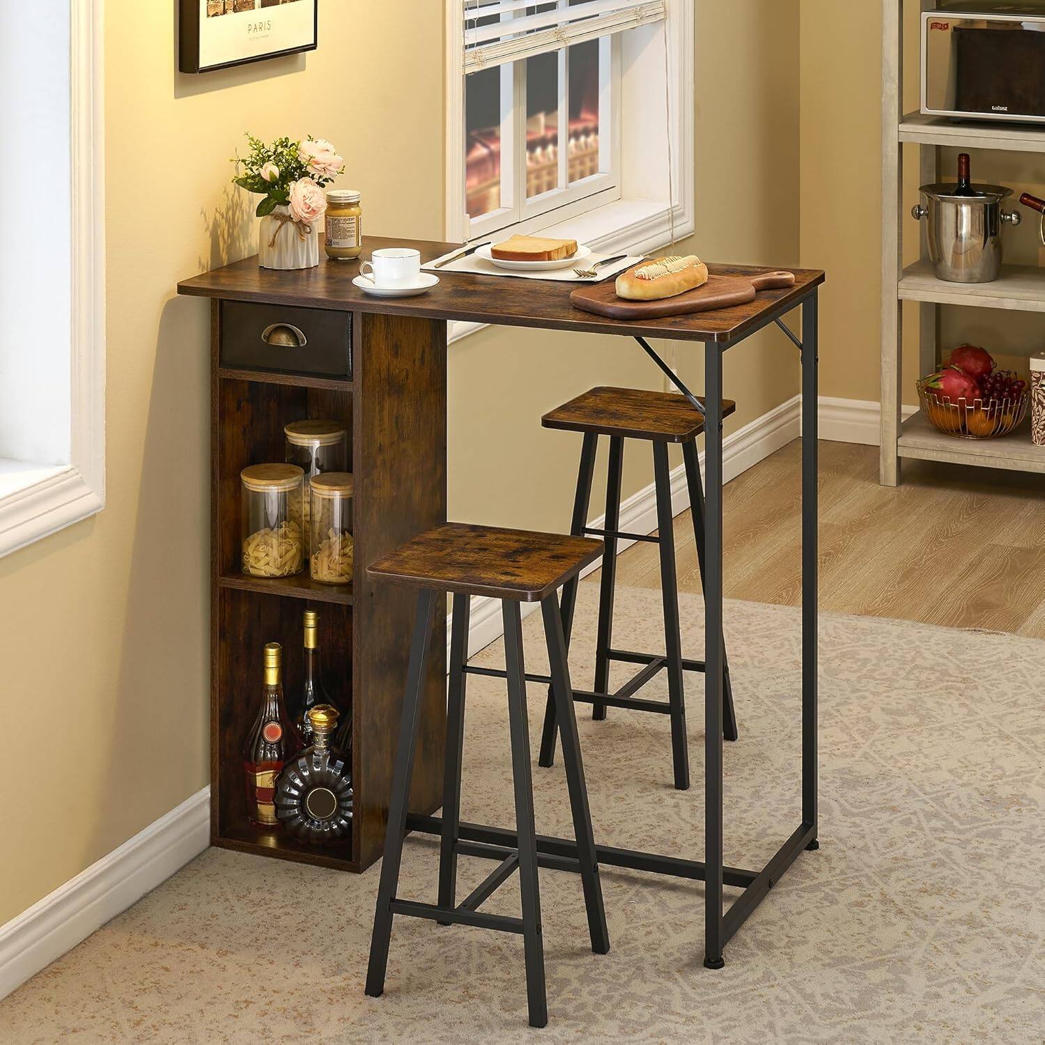 Front. GARVEE - Kitchen Dining Table Set, 3 Piece Counter Height Bar Counter Table Set with Storage Drawer Shelves, Brown - Brown.