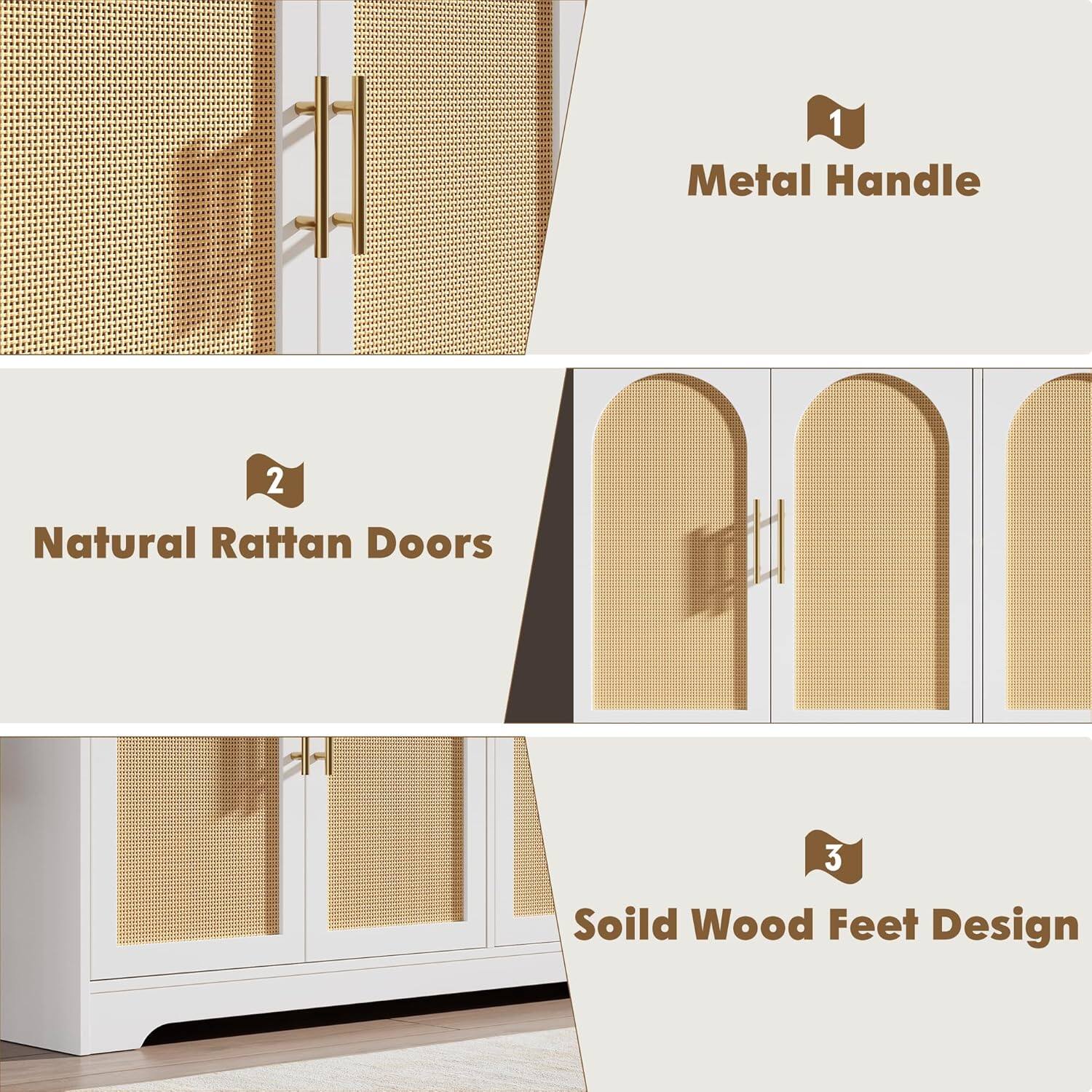 1. Metal Handle  
2. Natural Rattan Doors  
3. Solid Wood Feet Design