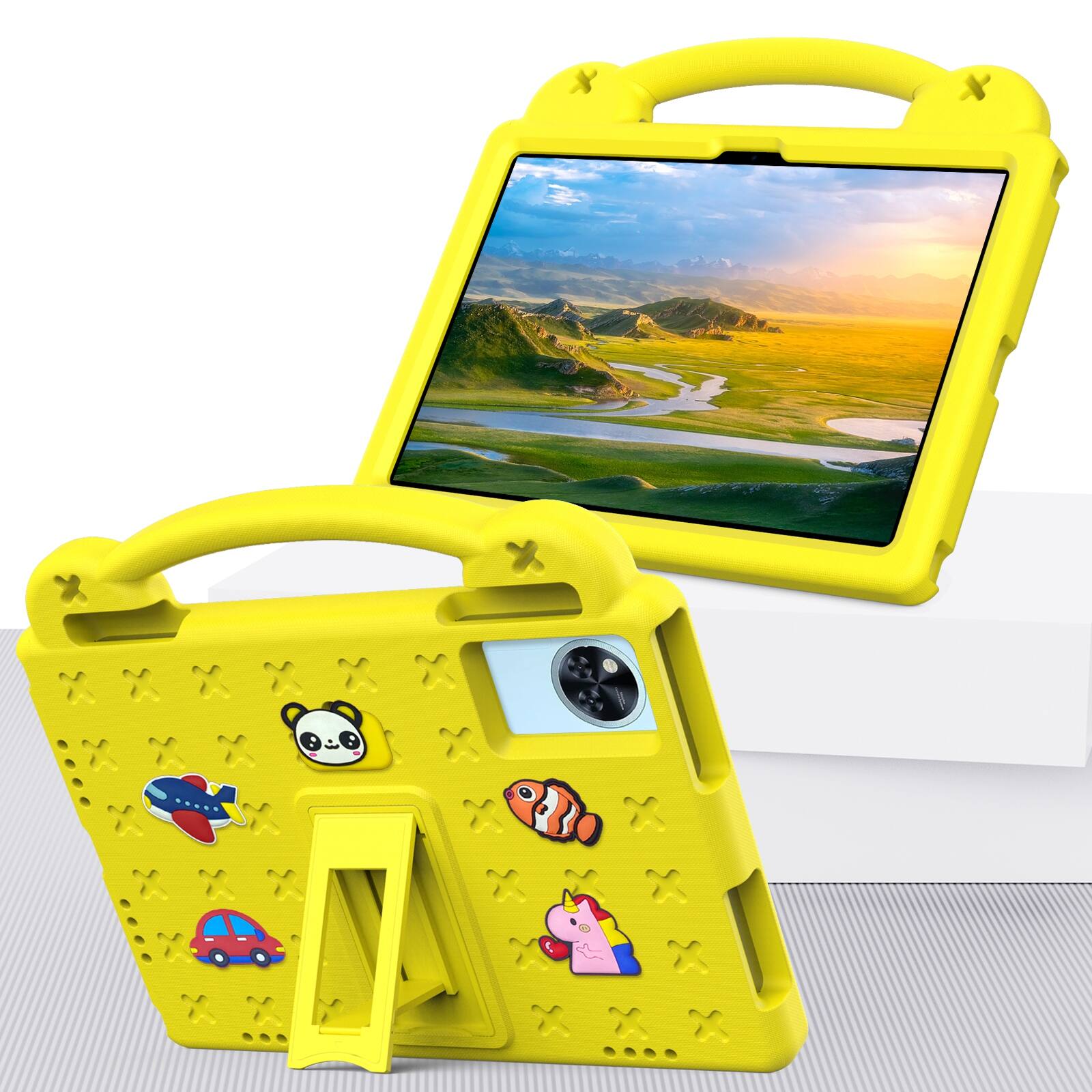 Angle. UUCOVER - Kids Case for Lenovo Idea Tab 11 inch (TB336) 2025 /K11 Gen 2,Shockproof EVA Case Handle Adjustable Stand Cover - Yellow.