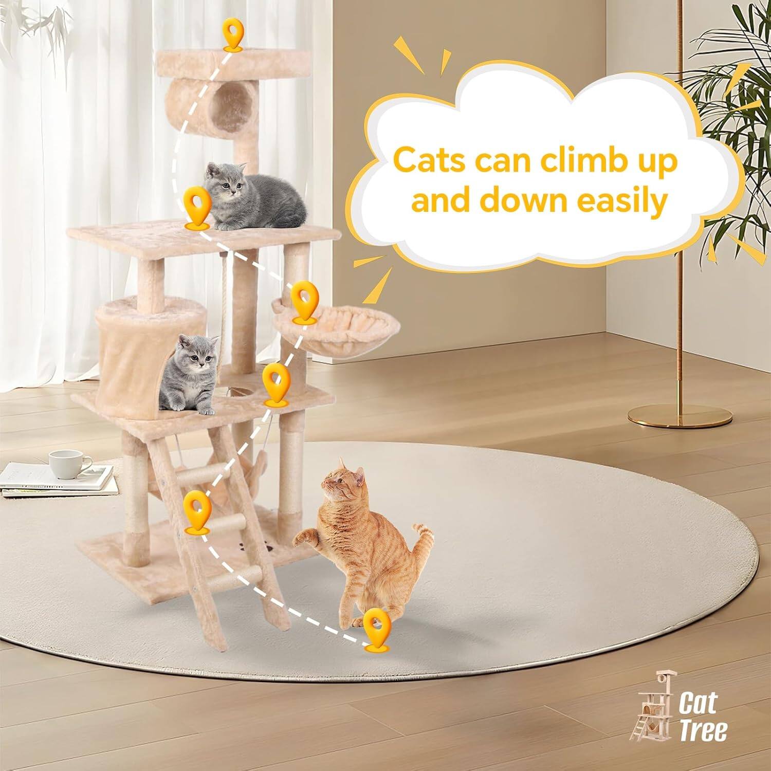 Cats can climb up and down easily. Cat Tree.