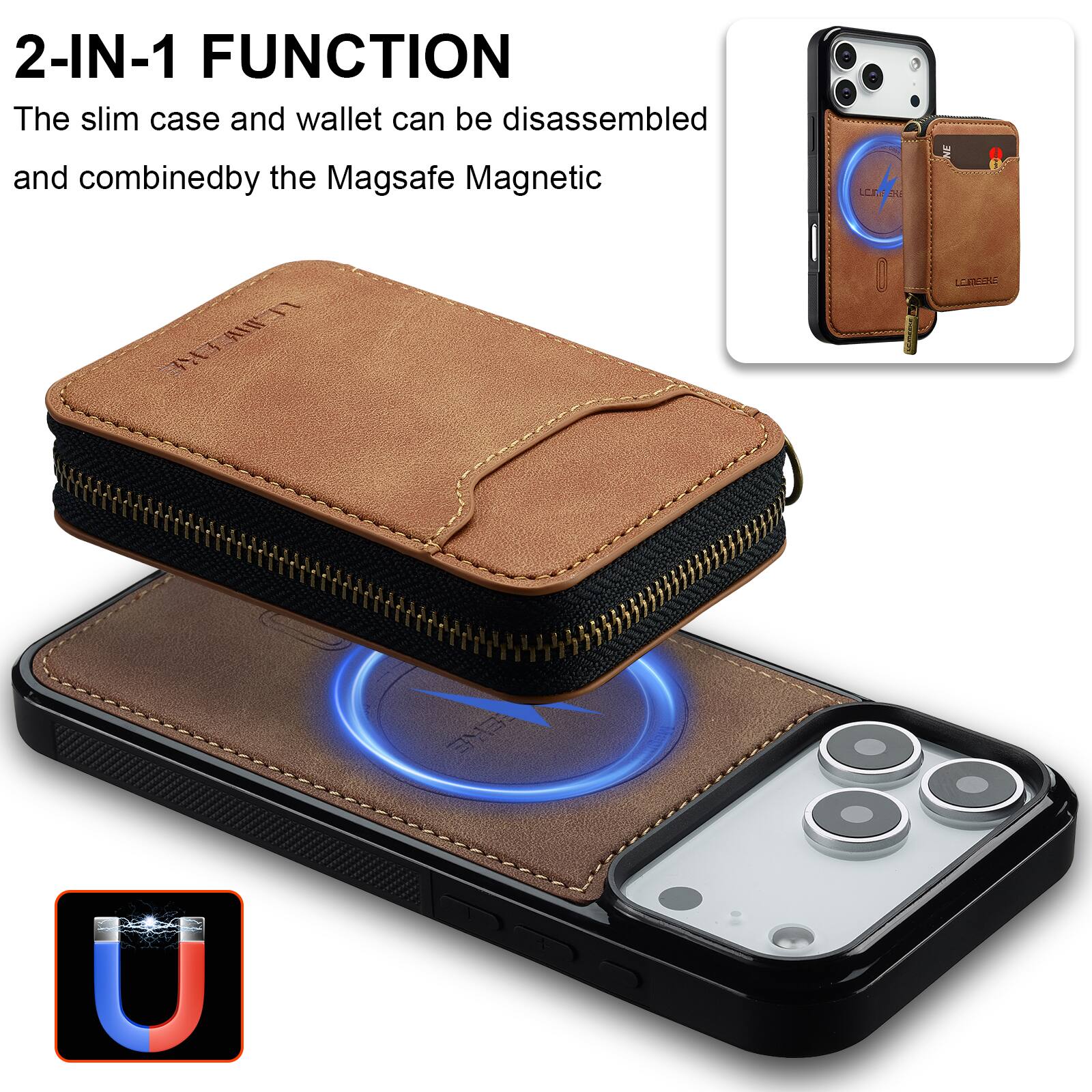 2-IN-1 FUNCTION  
The slim case and wallet can be disassembled and combined by the Magsafe Magnetic LCE.