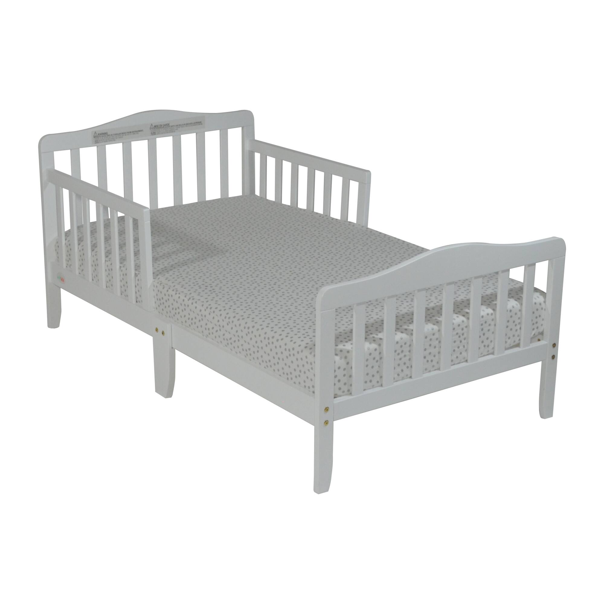 Angle. GOODSILO - Classic Solid Wood Toddler Bed with Safety Rails for Child's Room Transition - White.