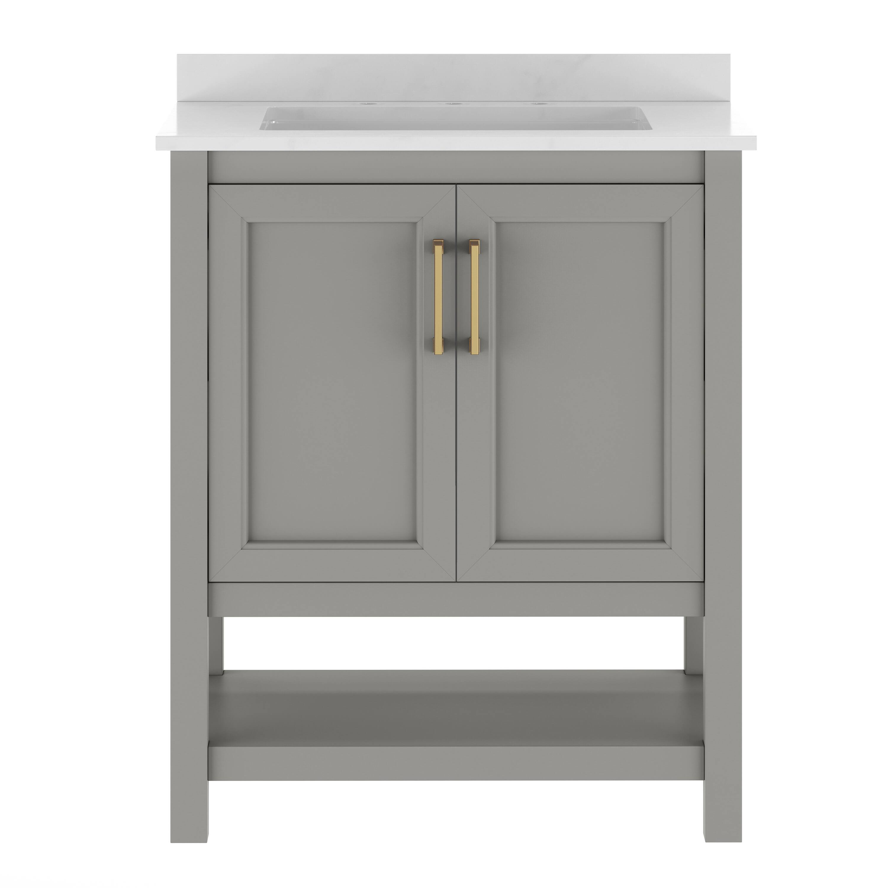 Alt View 5. Emma + Oliver - Vesta Bathroom Vanity, Single Sink Cabinet with 2 Soft Close Doors and Open Shelf, Carrara Marble Finish Countertop - Gray Frame/Gold Hardware.