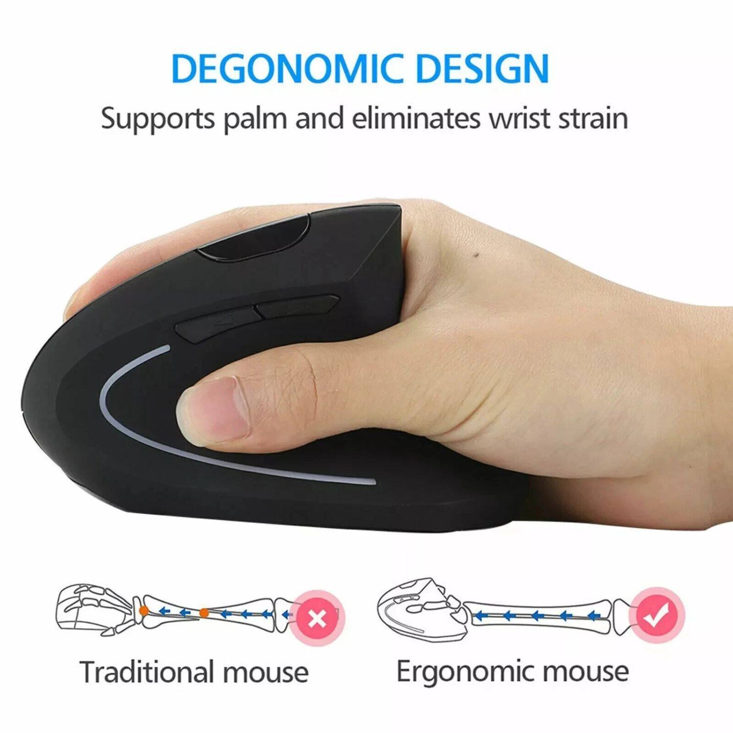 DEGONOMIC DESIGN  
Supports palm and eliminates wrist strain  

Traditional mouse  
Ergonomic mouse