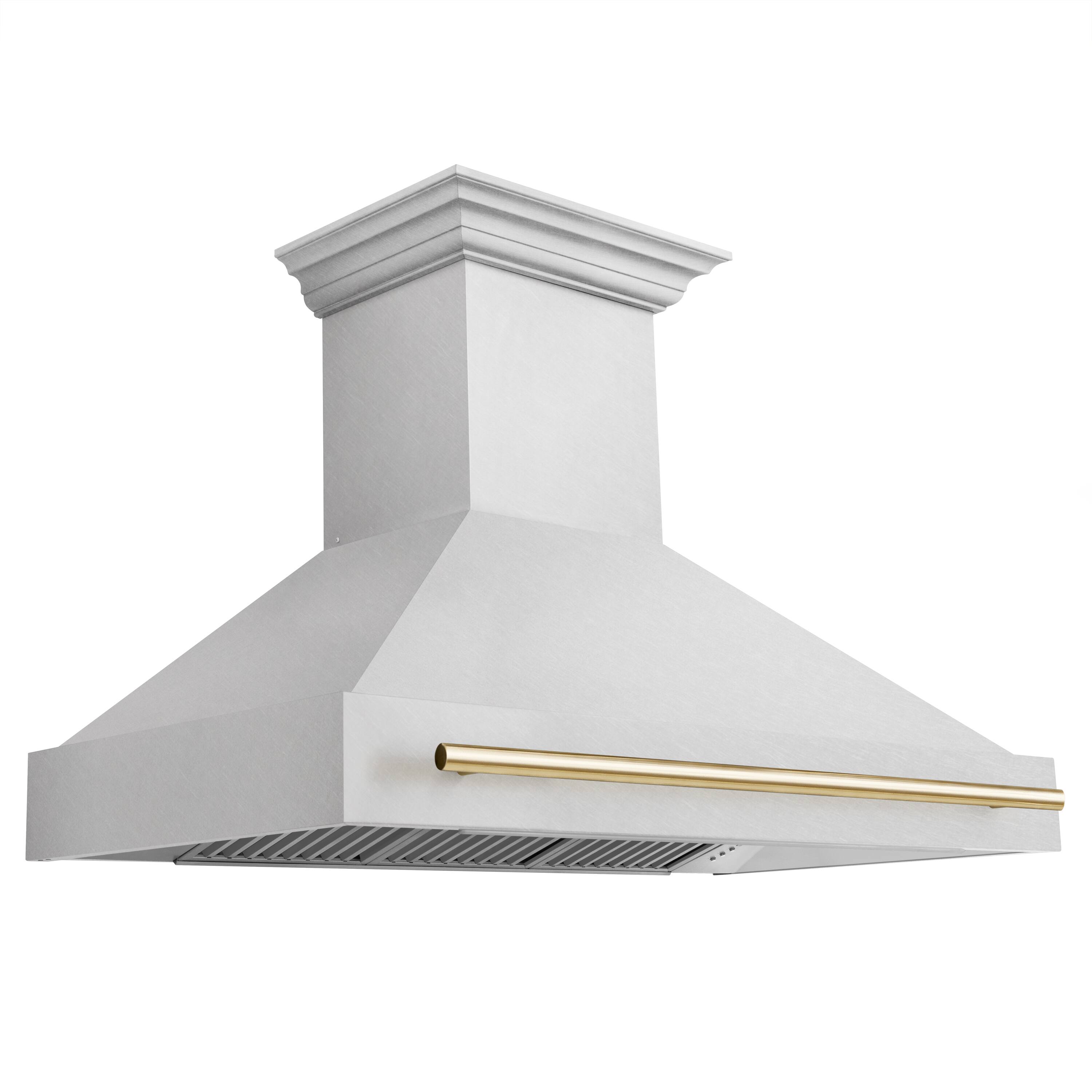 Left. ZLINE - ZLINE Autograph Edition 48 in. Satin Stainless Steel Wall Mount Range Hood with Polished Gold Handle (8654SNZ-48-G) - Satin Stainless Steel.