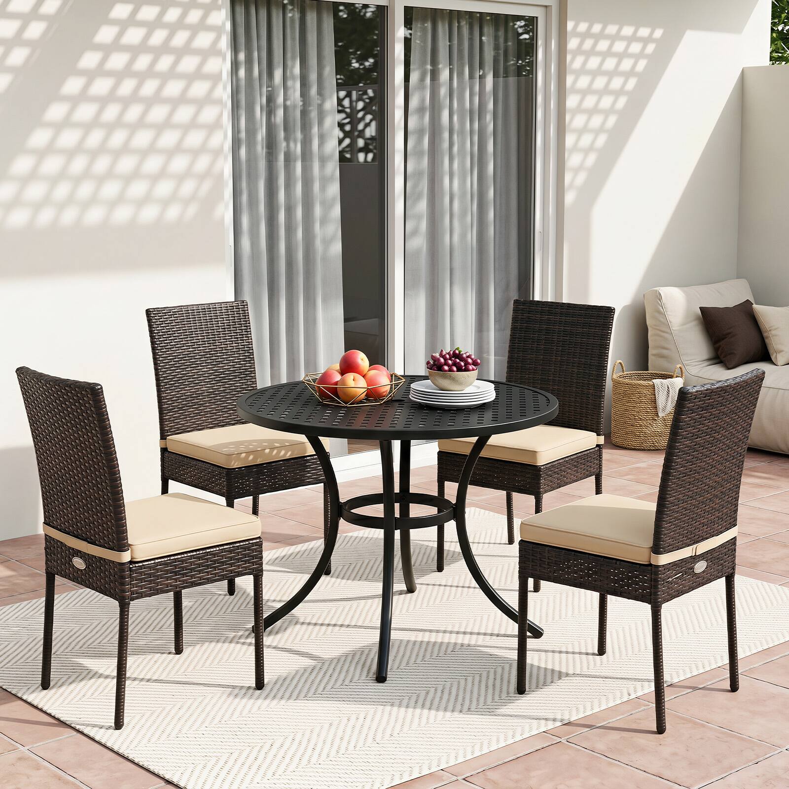 Alt View 3. Costway - Costway PE Wicker Patio Chairs Set of 4, Outdoor Dining Chairs with Cushions, Metal Frame - Brown + Beige.