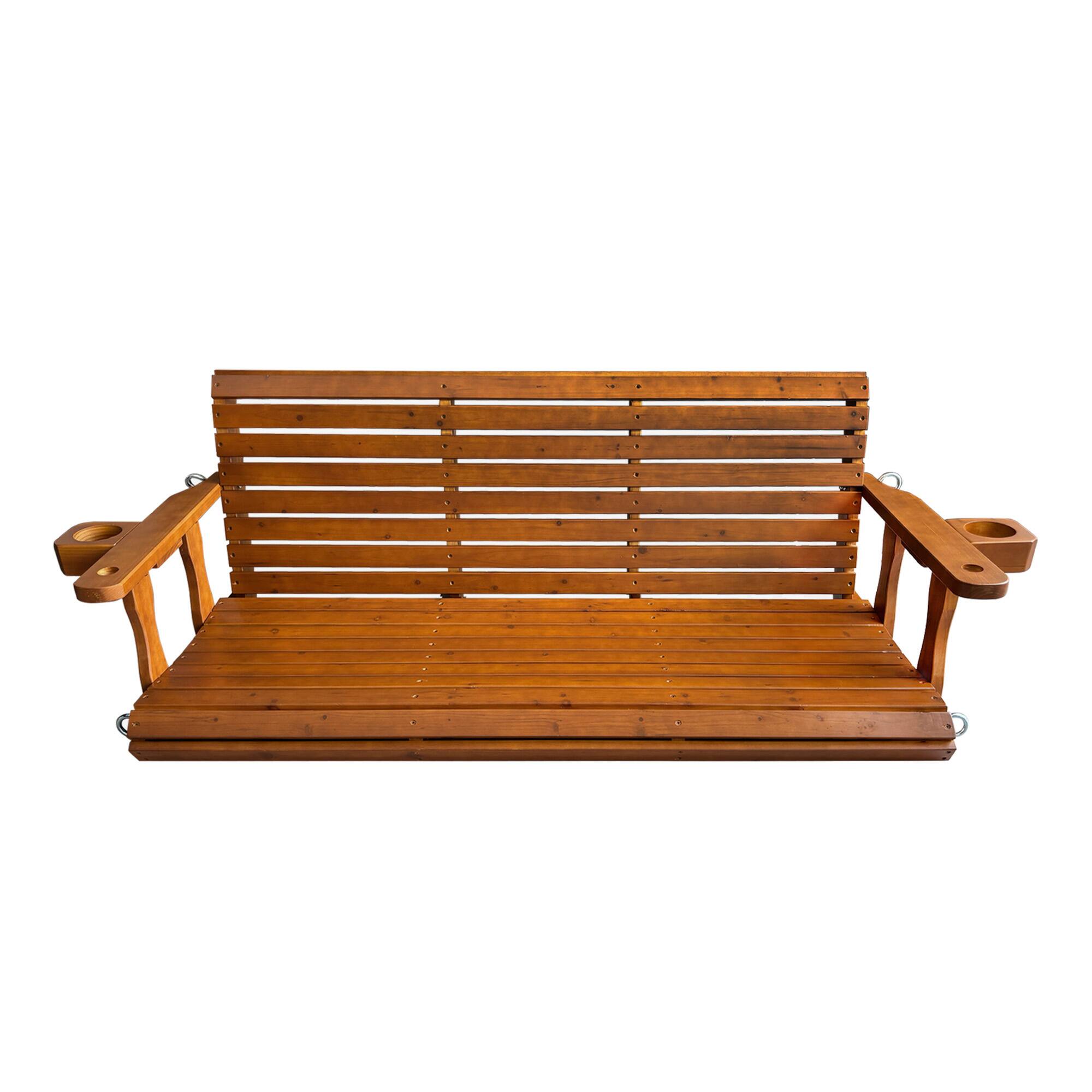 Alt View 2. Fortune Candy - Wooden 3-Seater Porch Swing w/Cupholders , High Back & Deep Seat, Chains & Springs, Heavy Duty 880lbs, 5FT - Teak Tone.