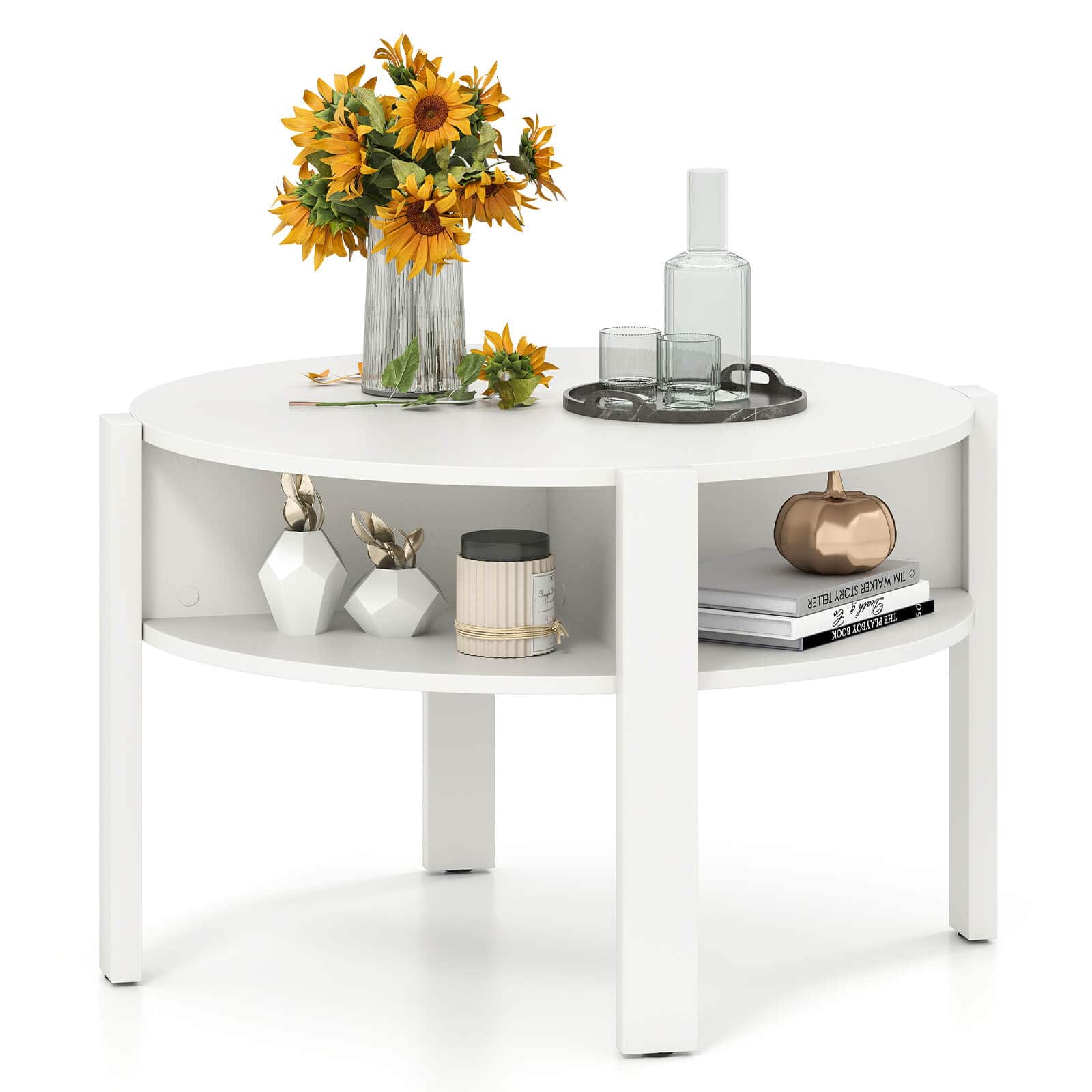 Costway - Round Coffee Table 29.5" Center Table with Storage Shelves for Living Room - White