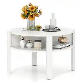 Costway - Round Coffee Table 29.5" Center Table with Storage Shelves for Living Room - White