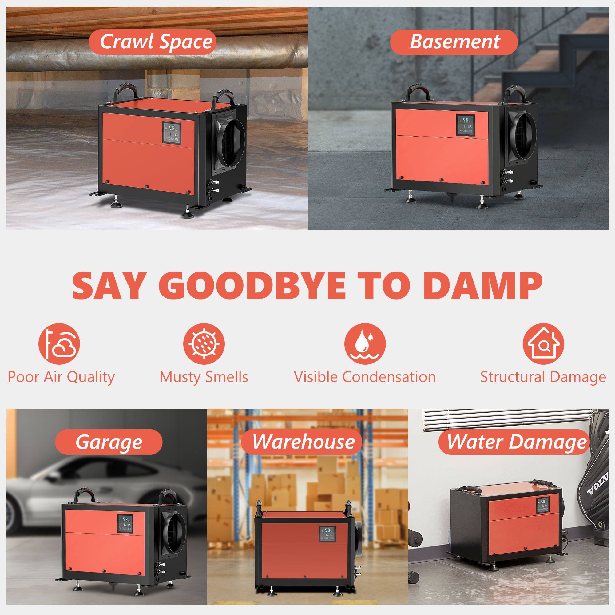 Crawl Space  
Basement  

SAY GOODBYE TO DAMP  

Poor Air Quality  
Musty Smells  
Visible Condensation  
Structural Damage  

Garage  
Warehouse  
Water Damage