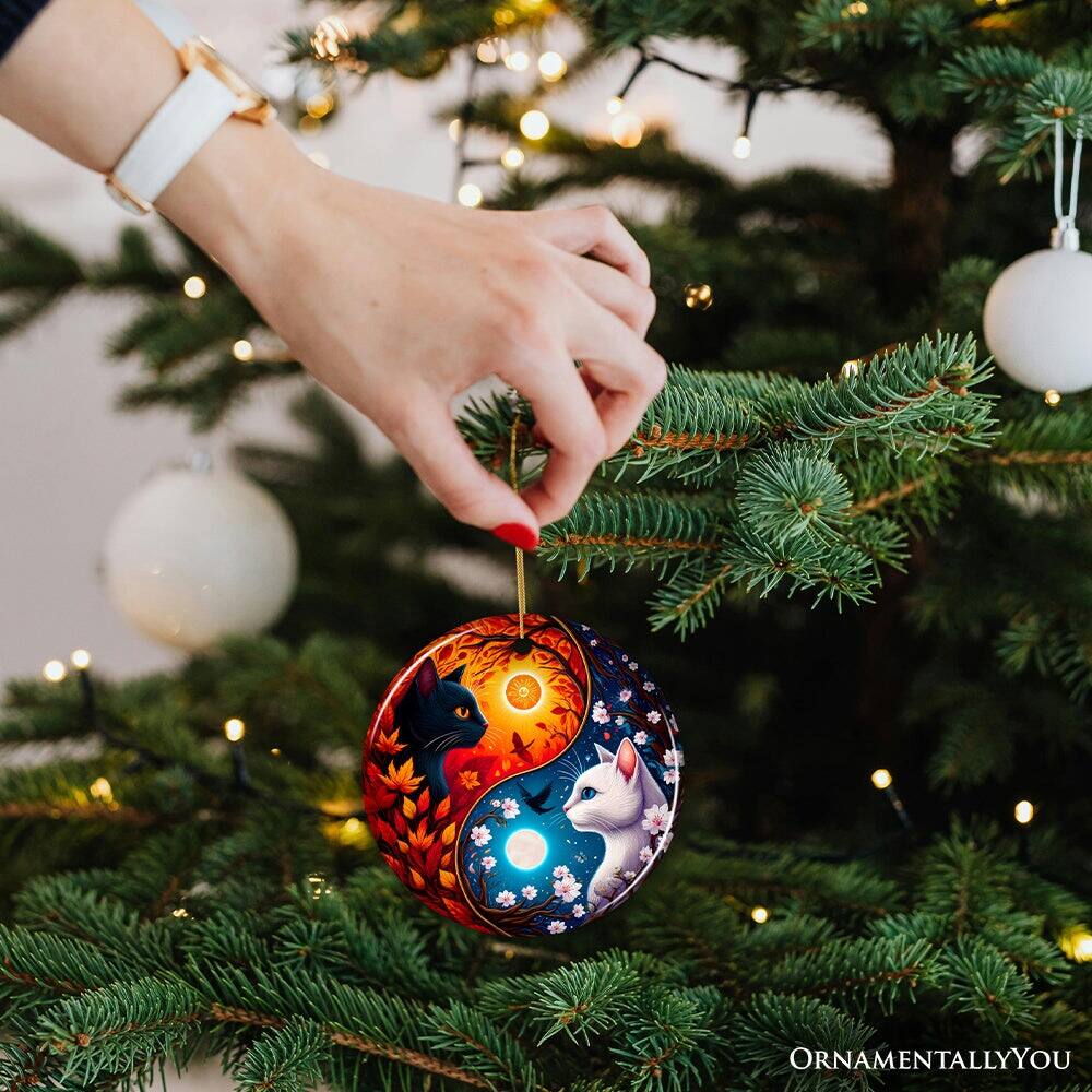 Alt View 1. OrnamentallyYou - Mystical Seasons Yin and Yang Cats Ceramic Ornament Gift for White and Black Kitten Lovers - Multi-colored.