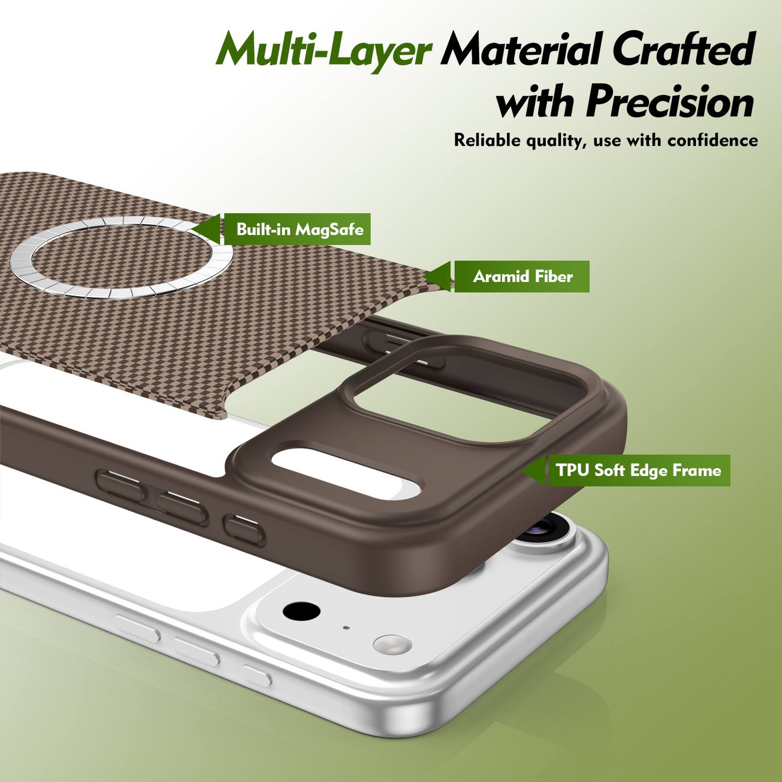 Multi-Layer Material Crafted with Precision  
Reliable quality, use with confidence  

- Built-in MagSafe  
- Aramid Fiber  
- TPU Soft Edge Frame