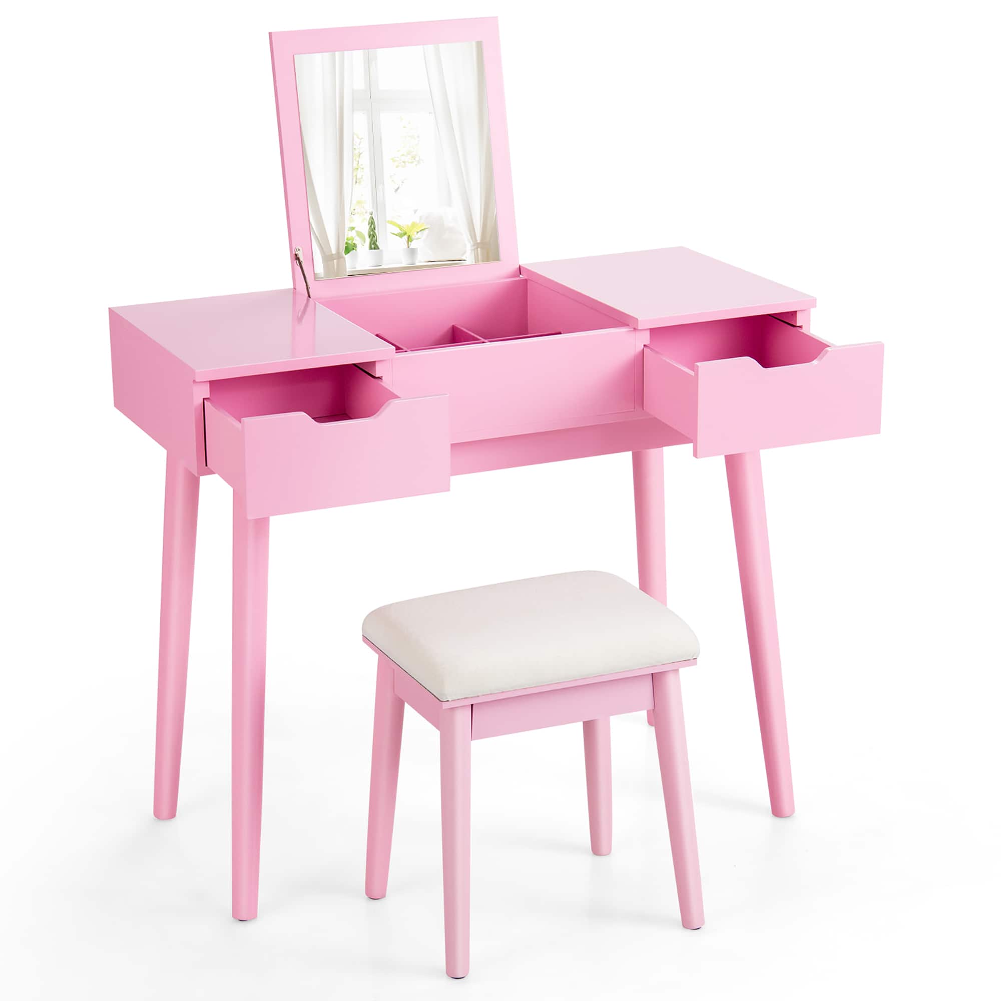 Front. Costway - Costway Vanity Table Set w/ Flip Top Mirror Drawers 9 Dividers Makeup Writing Desk - Pink.