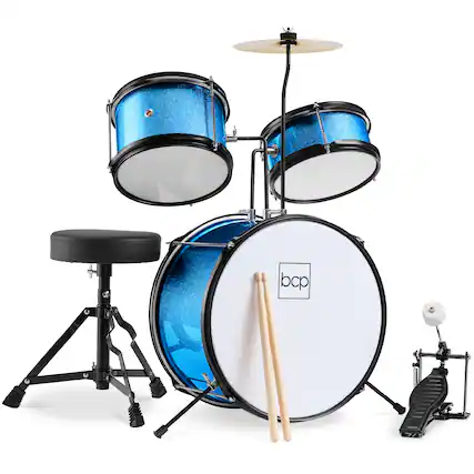 Front. Best Choice Products - Kids Beginner 3-Piece Drum, Musical Instrument Set w/ Sticks, Stool, Pedal - Light Blue Sparkle.