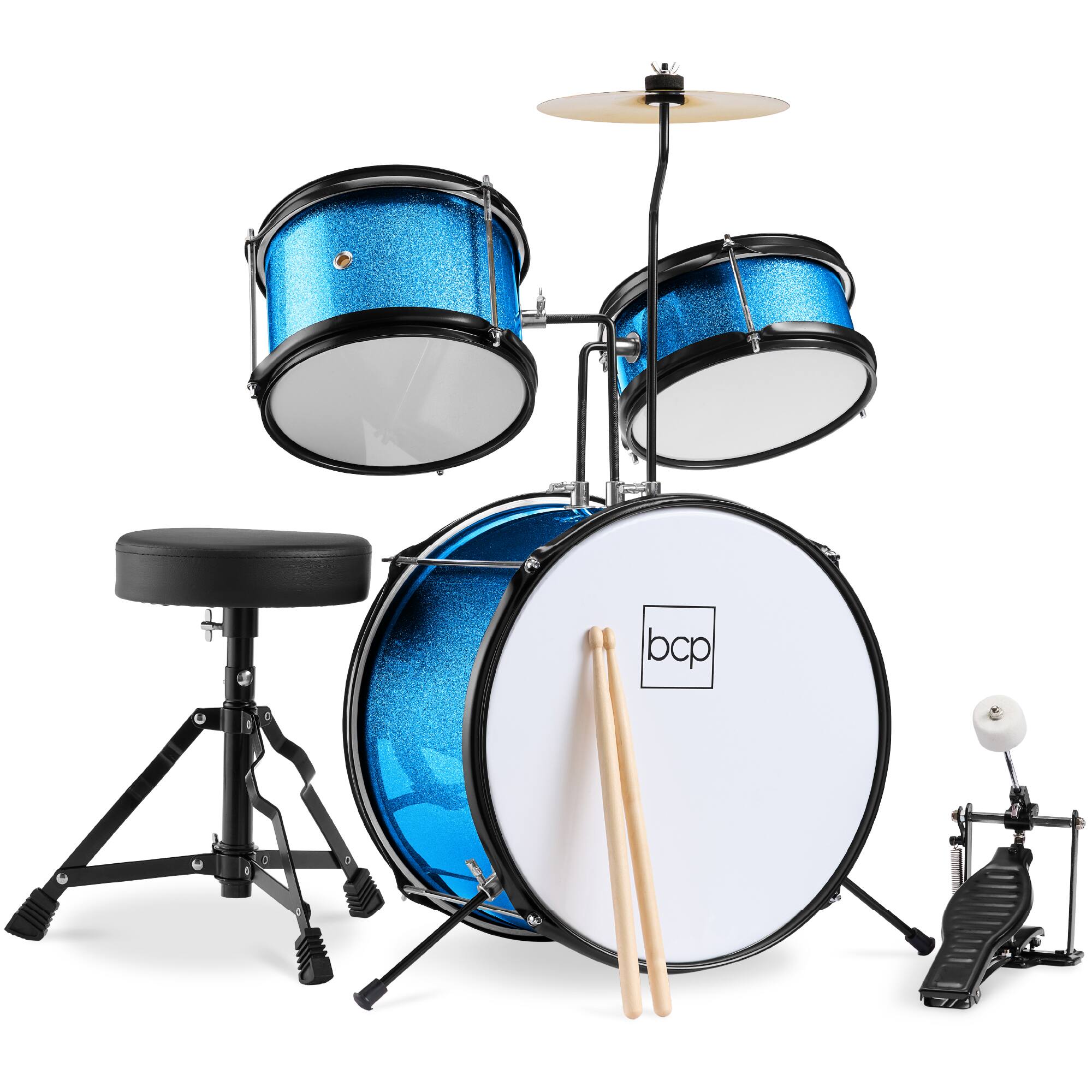 Front. Best Choice Products - Kids Beginner 3-Piece Drum, Musical Instrument Set w/ Sticks, Stool, Pedal - Light Blue Sparkle.
