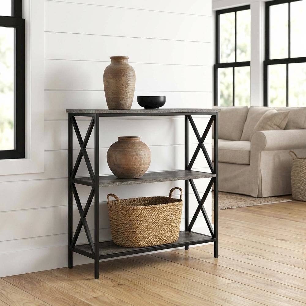 Back. FurniFact - Powder Coated Metal 3-Tier Bookcase with Non-Lead Paint Finish - Weathered Gray.