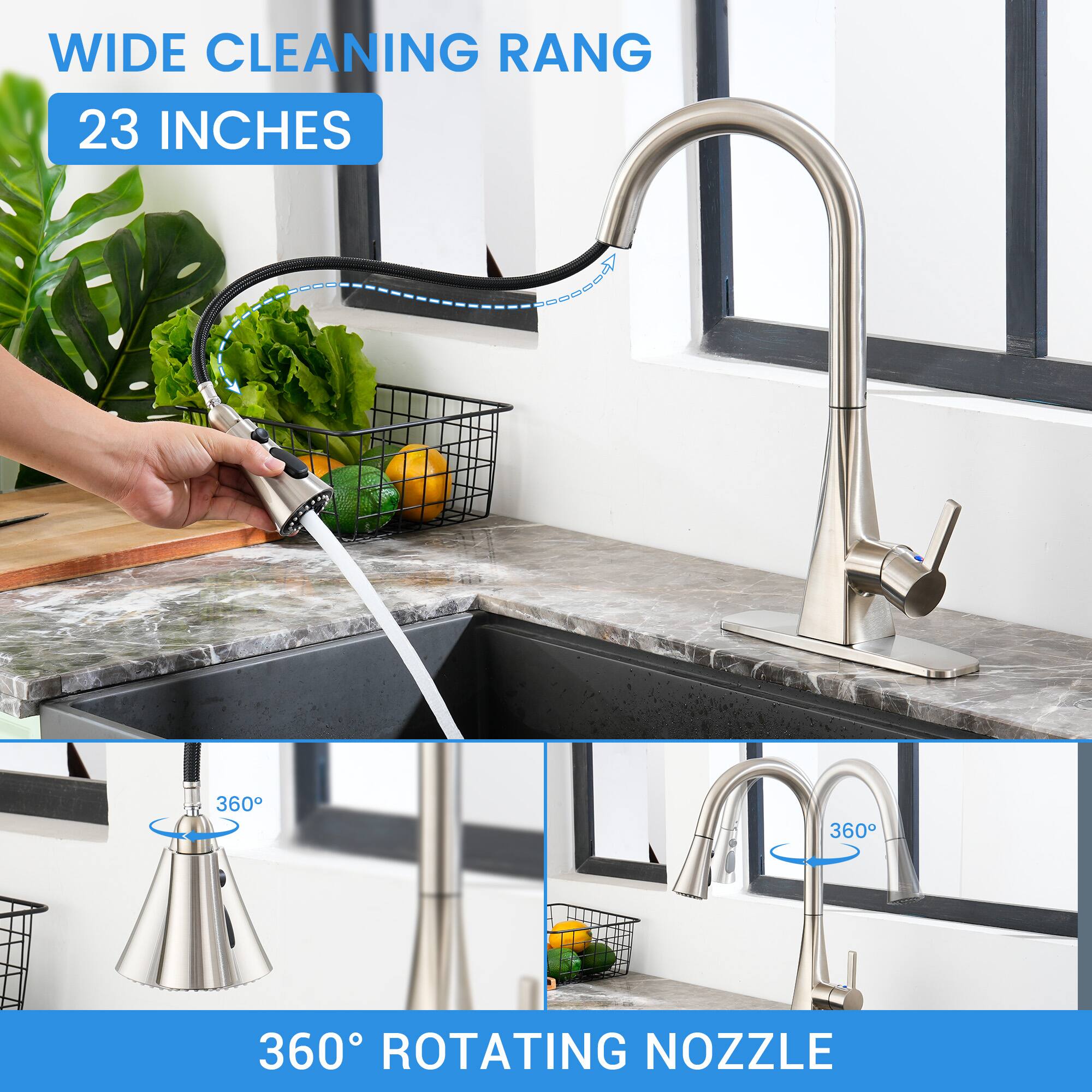 WIDE CLEANING RANGE  
23 INCHES  

360° ROTATING NOZZLE