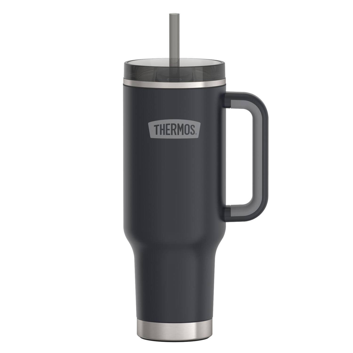 Angle. Thermos - Thermos 40 oz Stainless Steel Cup Holder Mug w/ Straw - Granite - Granite.