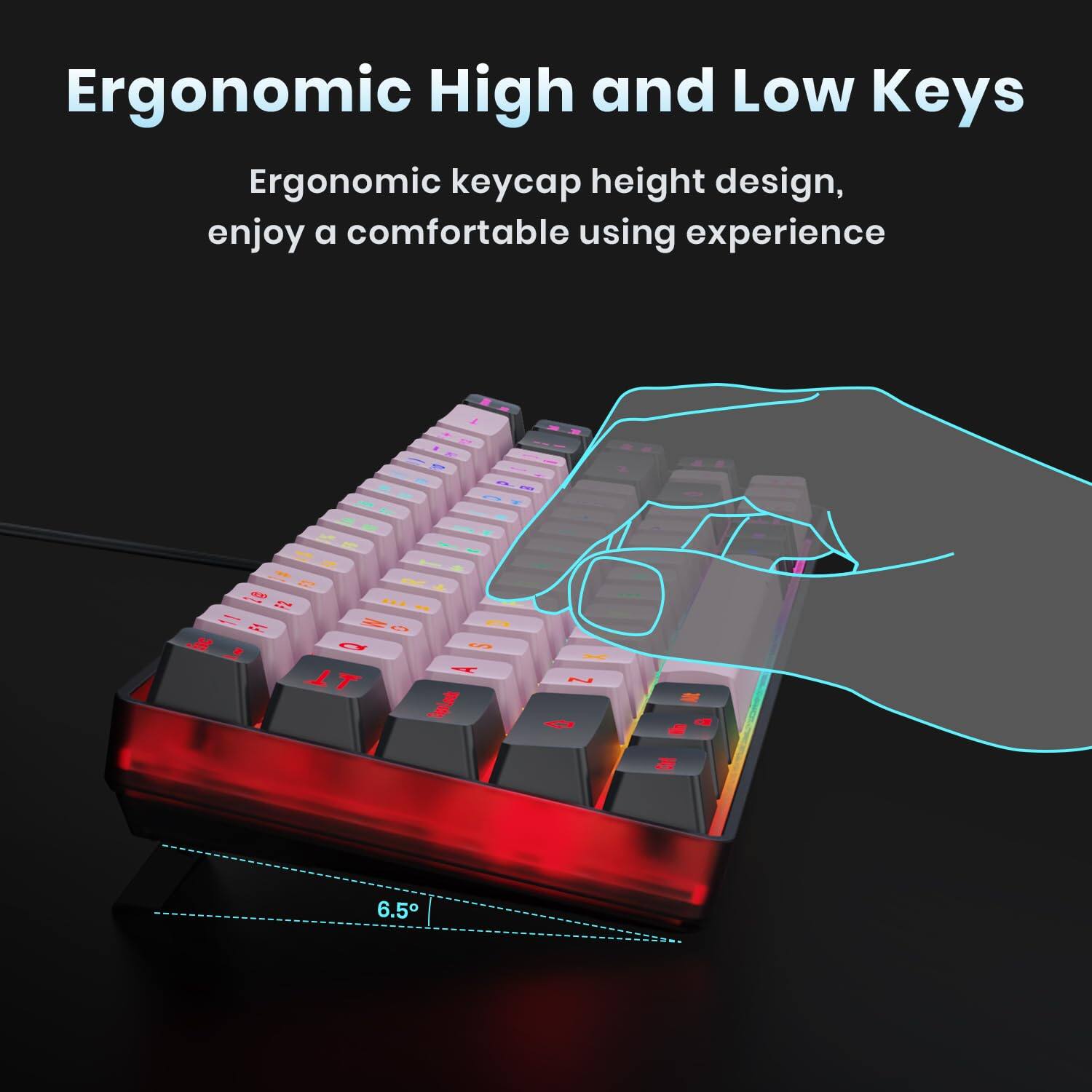 Ergonomic High and Low Keys

Ergonomic keycap height design, enjoy a comfortable using experience

6.5°