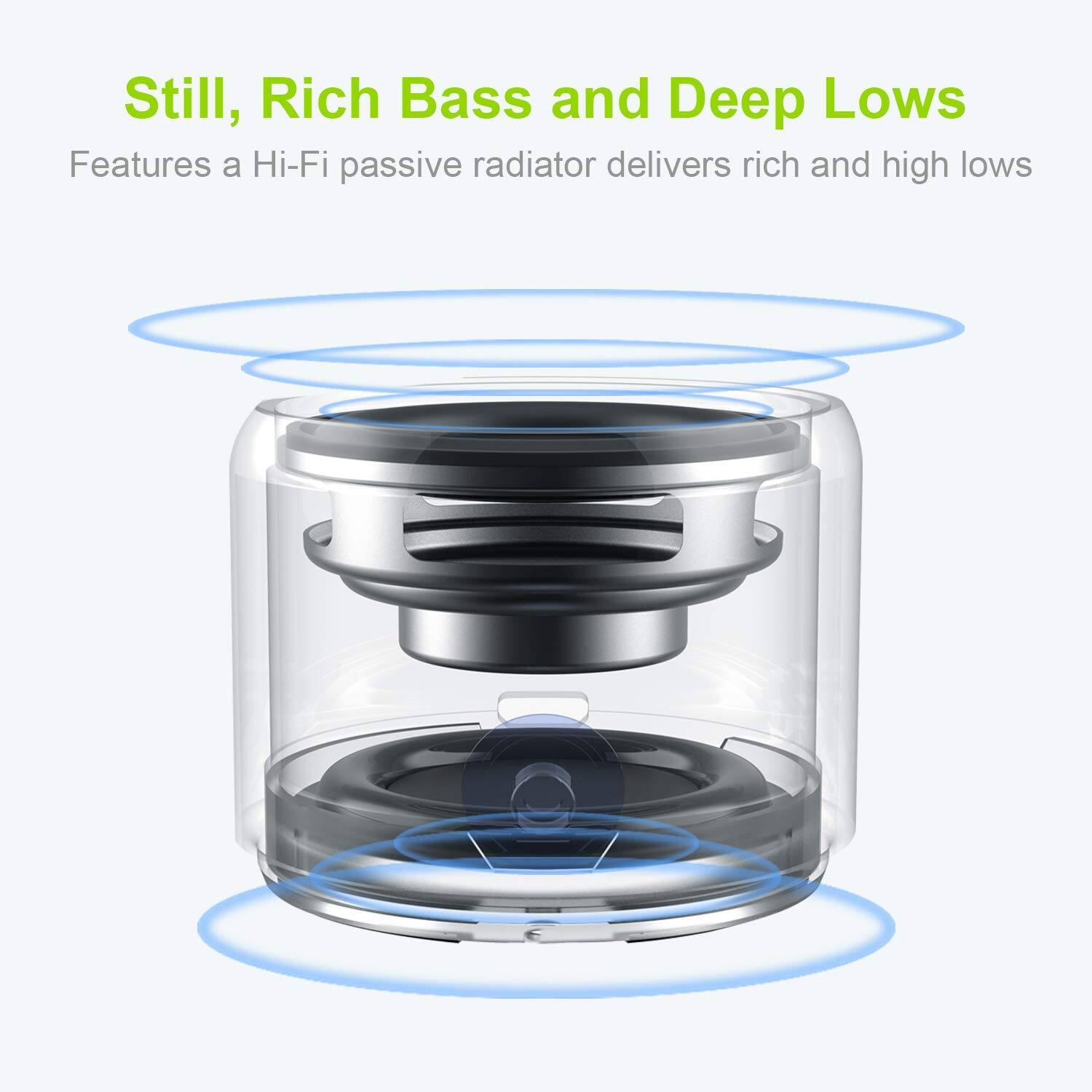 Still, Rich Bass and Deep Lows  
Features a Hi-Fi passive radiator that delivers rich and high lows