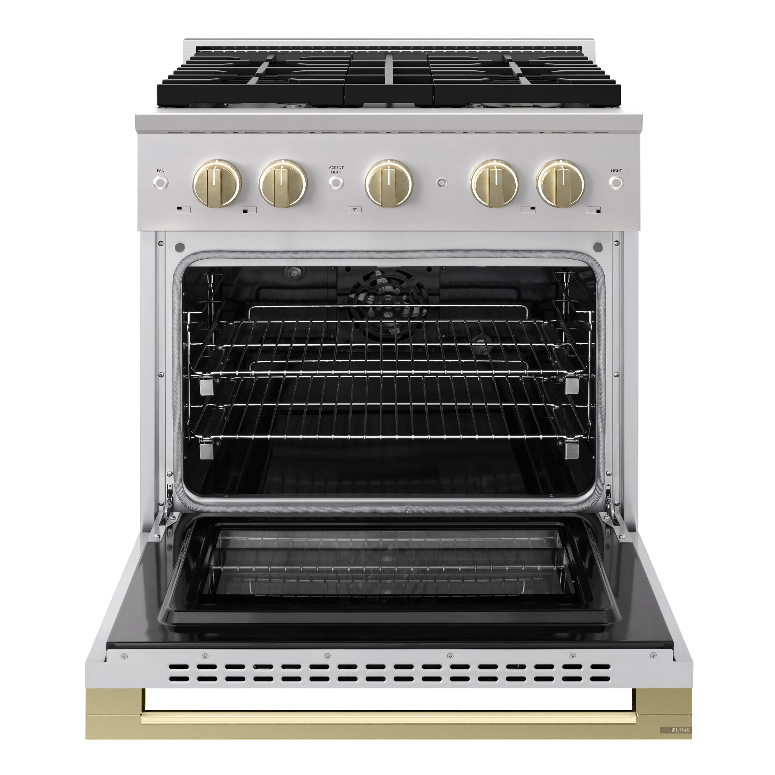 Angle. ZLINE - Autograph 30 in. 4.2 cu. ft. Marino Dual Fuel Freestanding Range w/ 4 Gas Burners & Convection Oven w/ Bronze Accents - Stainless Steel.