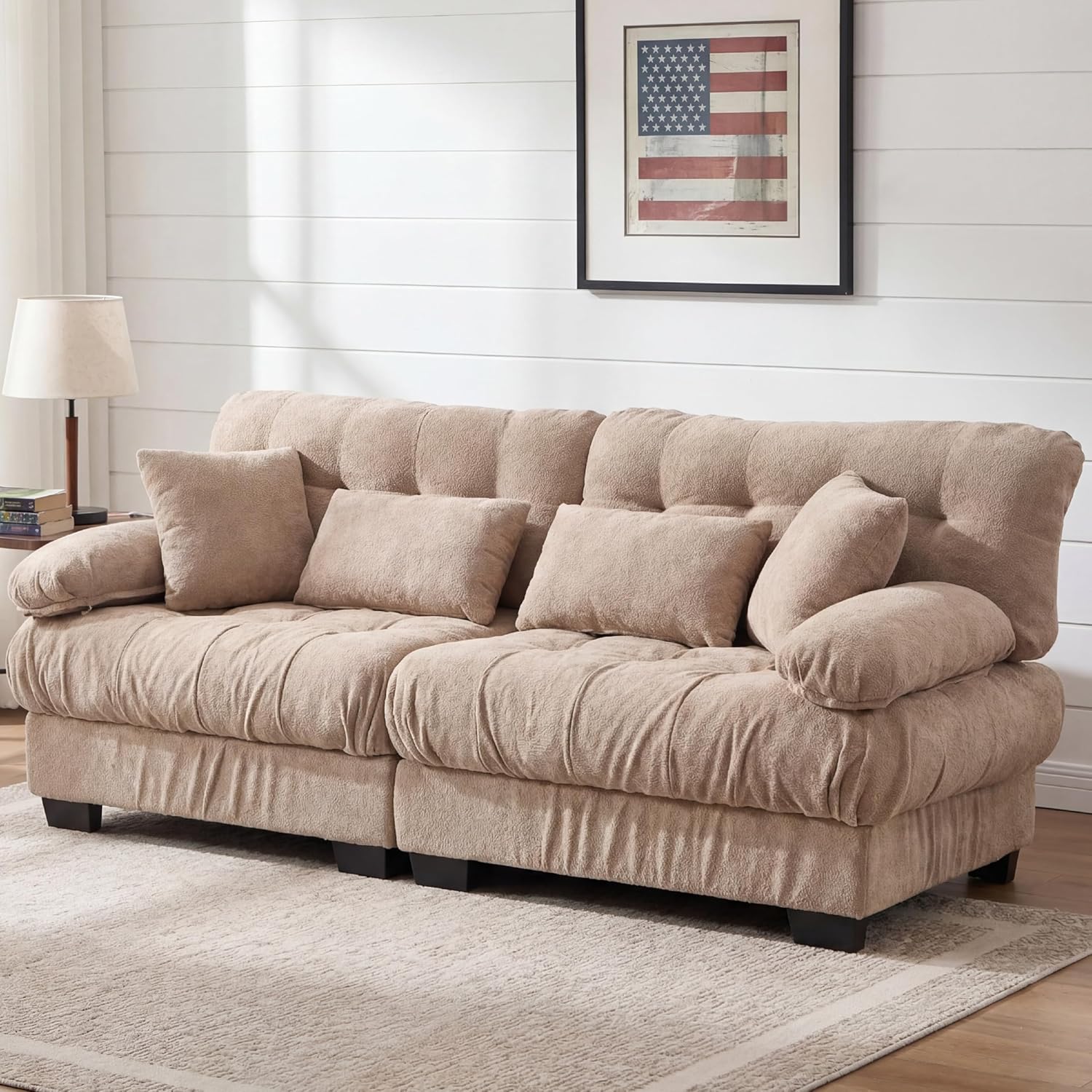 Alt View 2. Trinkets Crazed - 88" Boucle Sectional Loveseat Sofa, Comfy Modular Convertible Couch Sofa Set w/Pillows - Light Brown.