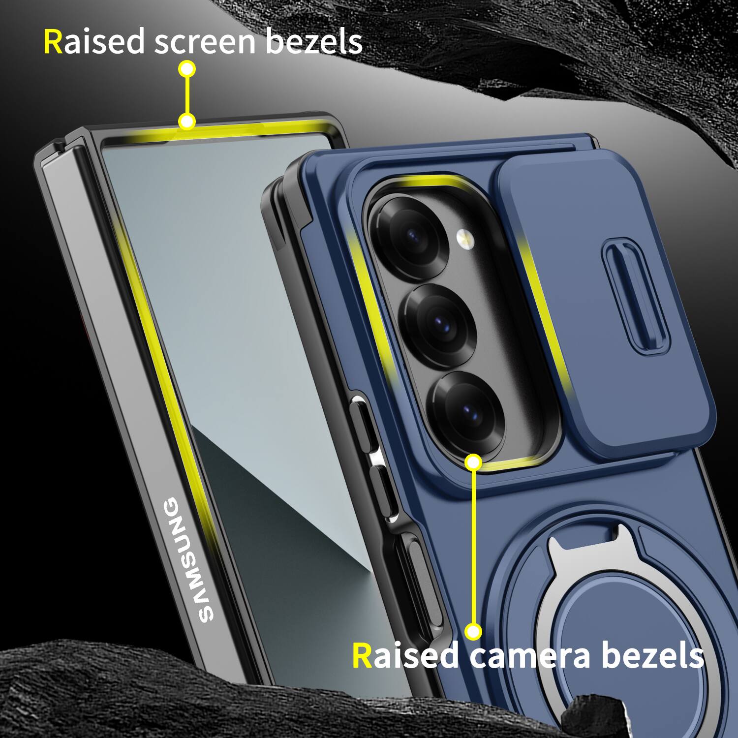 Raised screen bezels  
SAMSUNG  
Raised camera bezels