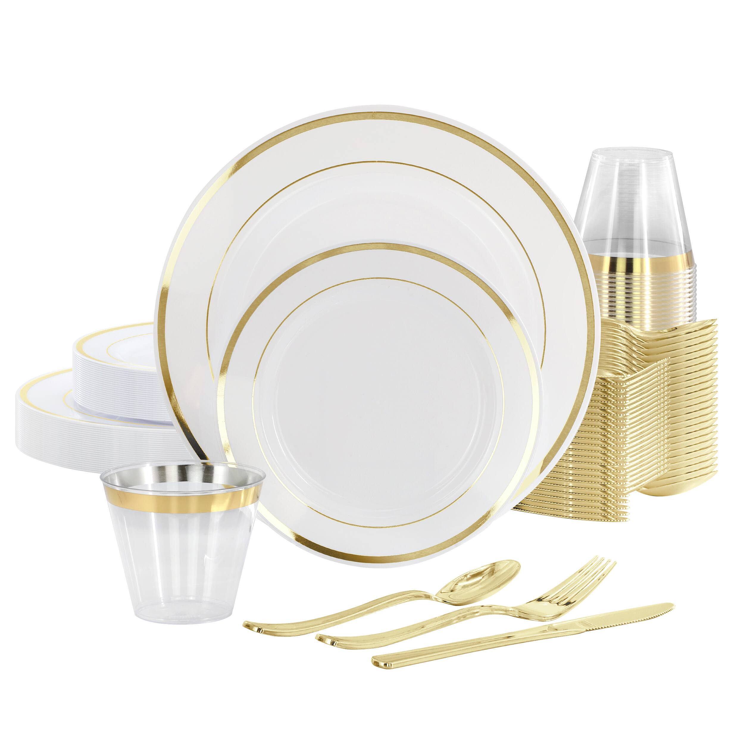 Elama - 150 Piece Disposable Plastic Dinnerware Party Set for 25 Guests with Gold Trim - White price history on PriceWatchPro