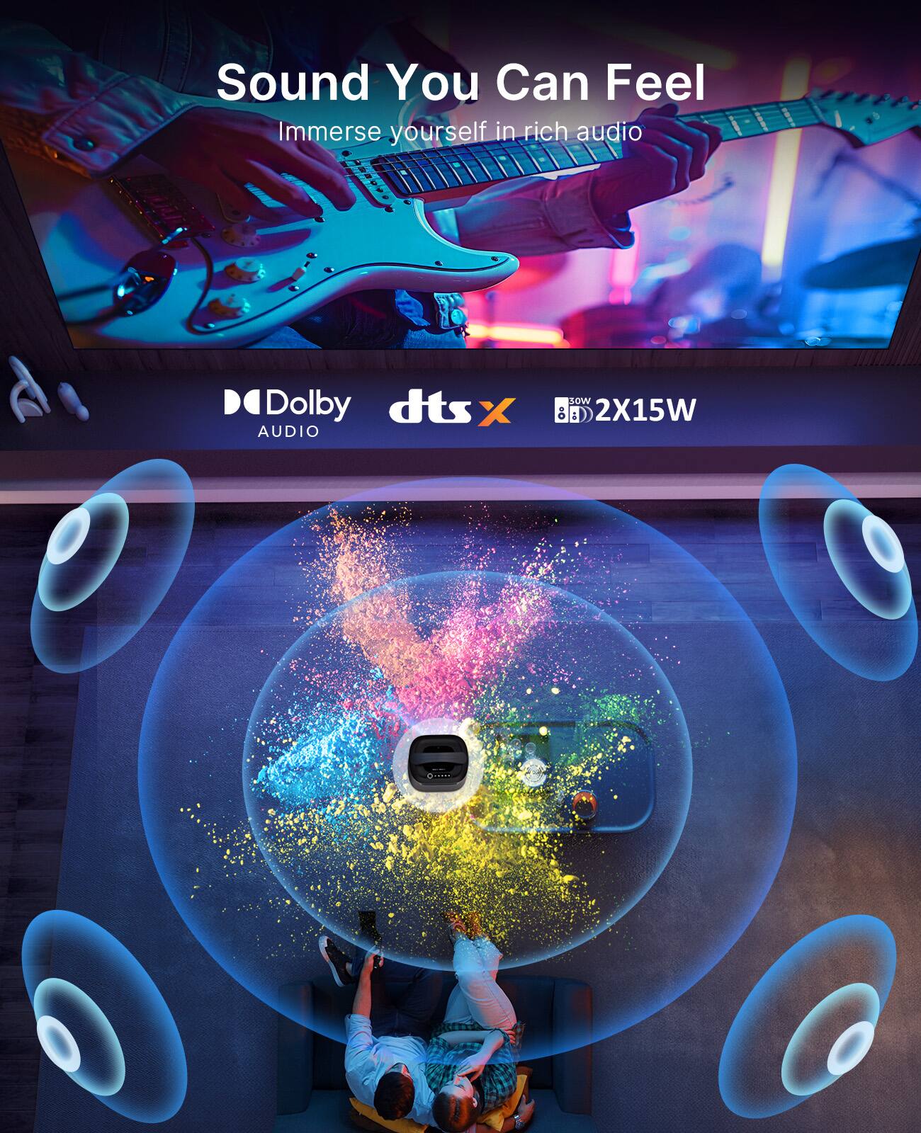 Sound You Can Feel  
Immerse yourself in rich audio  

Dolby Audio  
dts:X  
2X15W