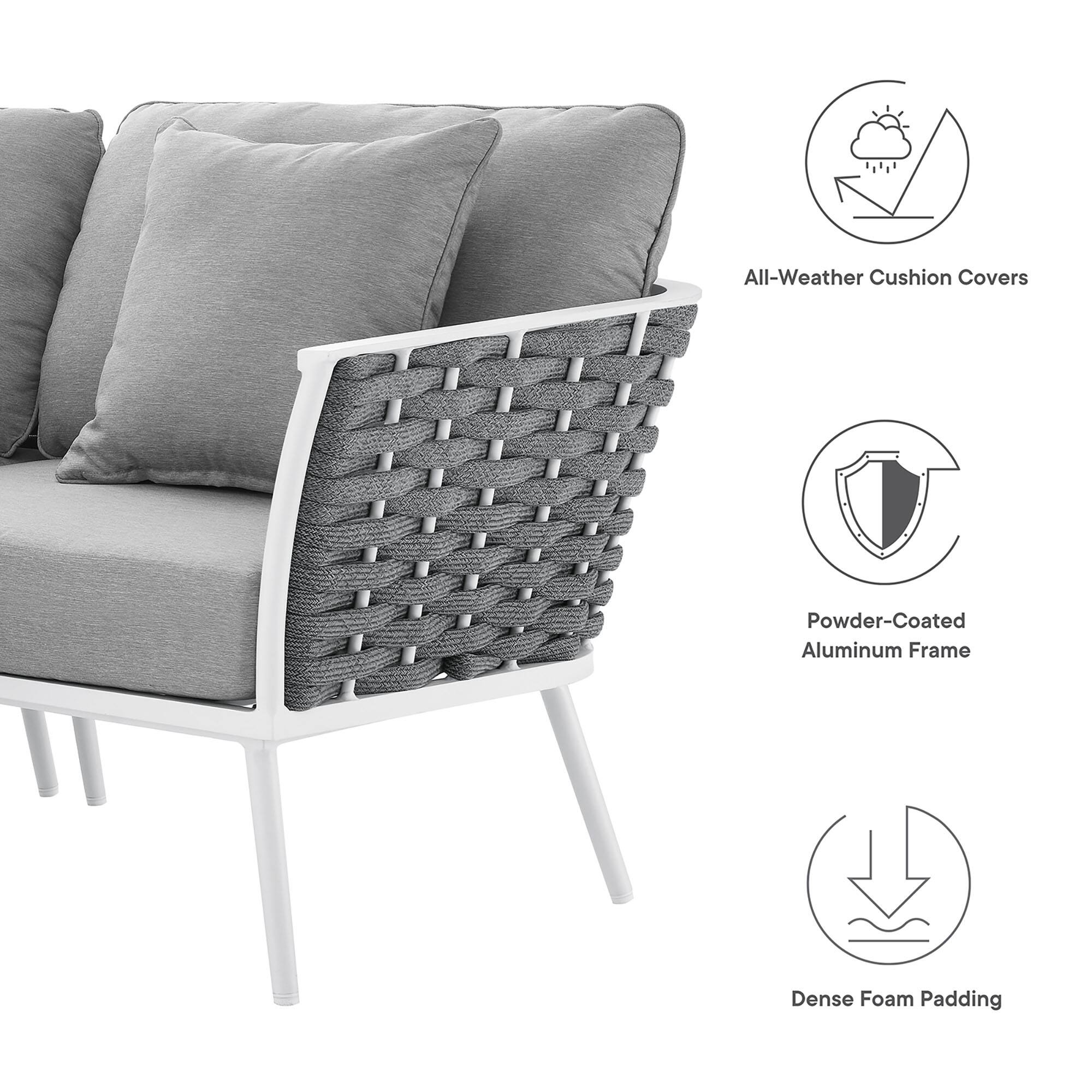 All-Weather Cushion Covers  
Powder-Coated Aluminum Frame  
Dense Foam Padding