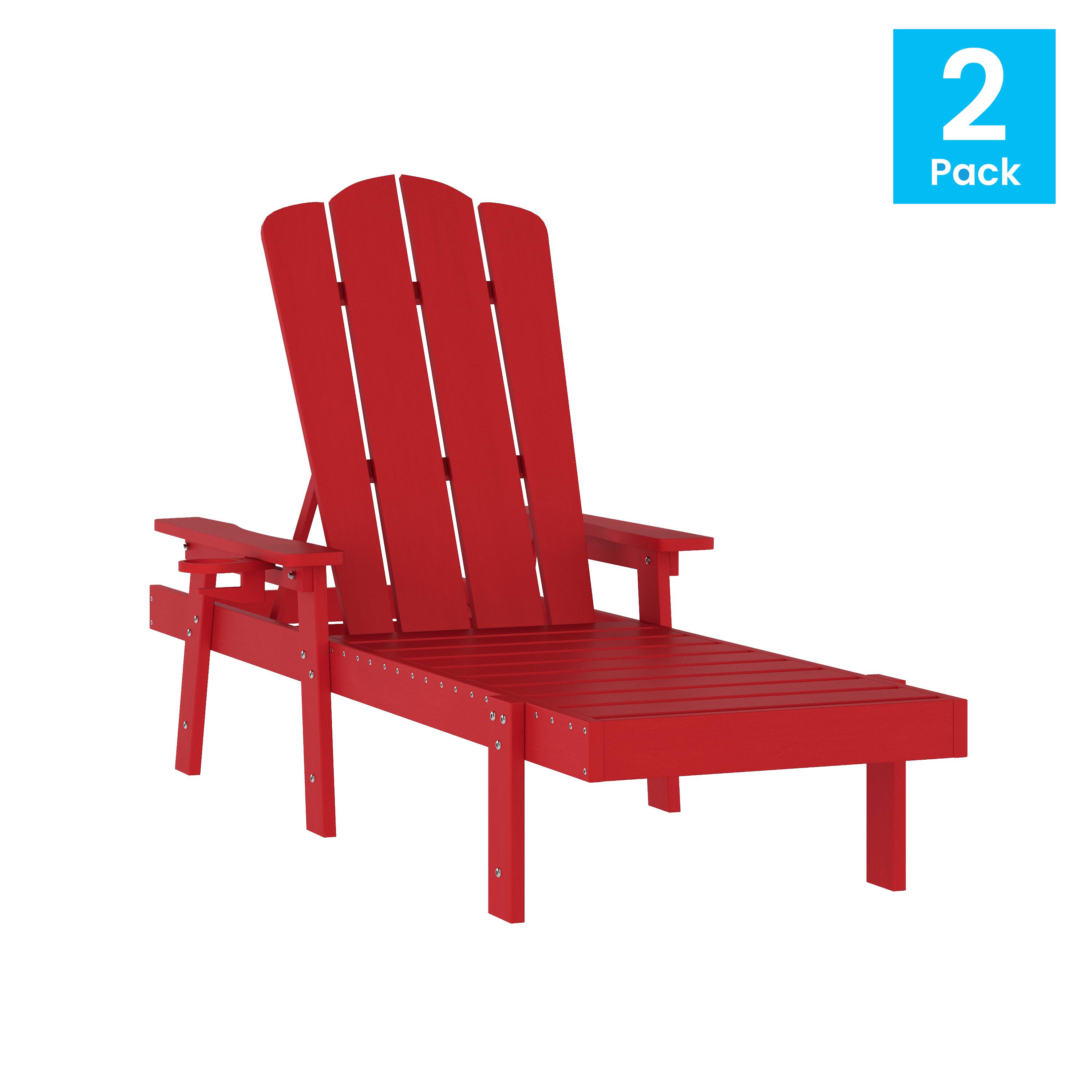 Alt View 1. Emma + Oliver - Stockton Set of 2 Recycled HDPE Adjustable Adirondack Loungers with Fold Out Cupholders for Indoor/Outdoor Use - Red.