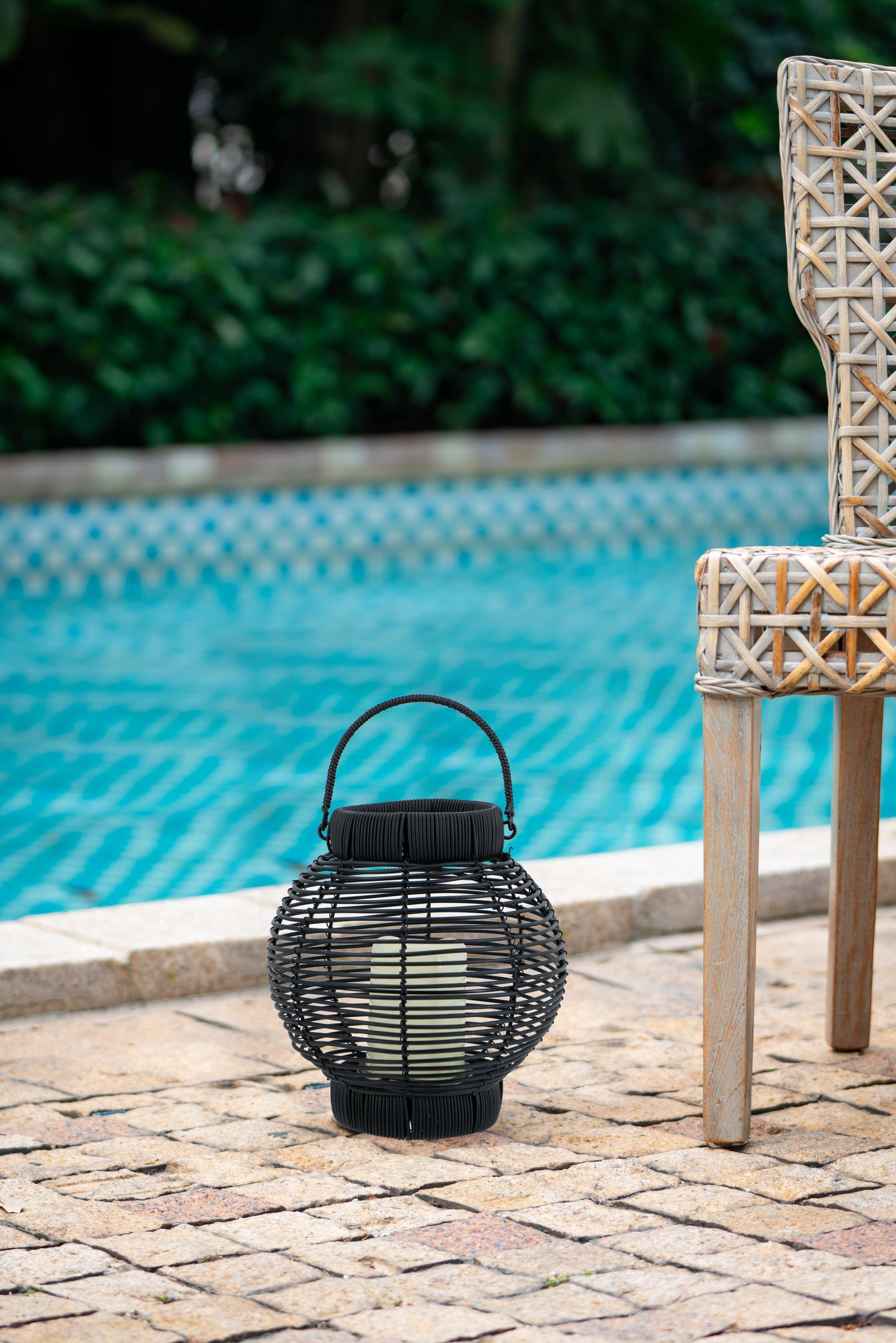 Alt View 1. Boyel Living - Black Poly Rattan Lantern with White LED Candle.