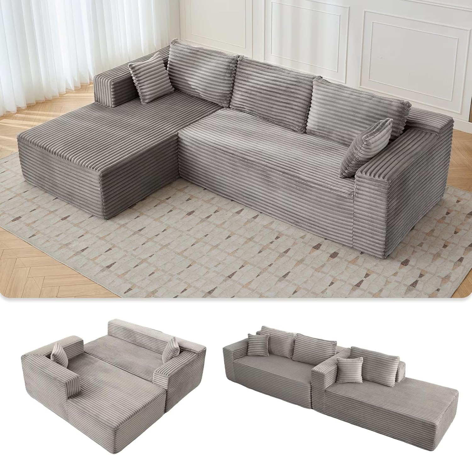 Alt View 2. Trinkets Crazed - 110" Cloud Sectional Couch Compression sofa with Comfy L-Shaped Chaise - gray.