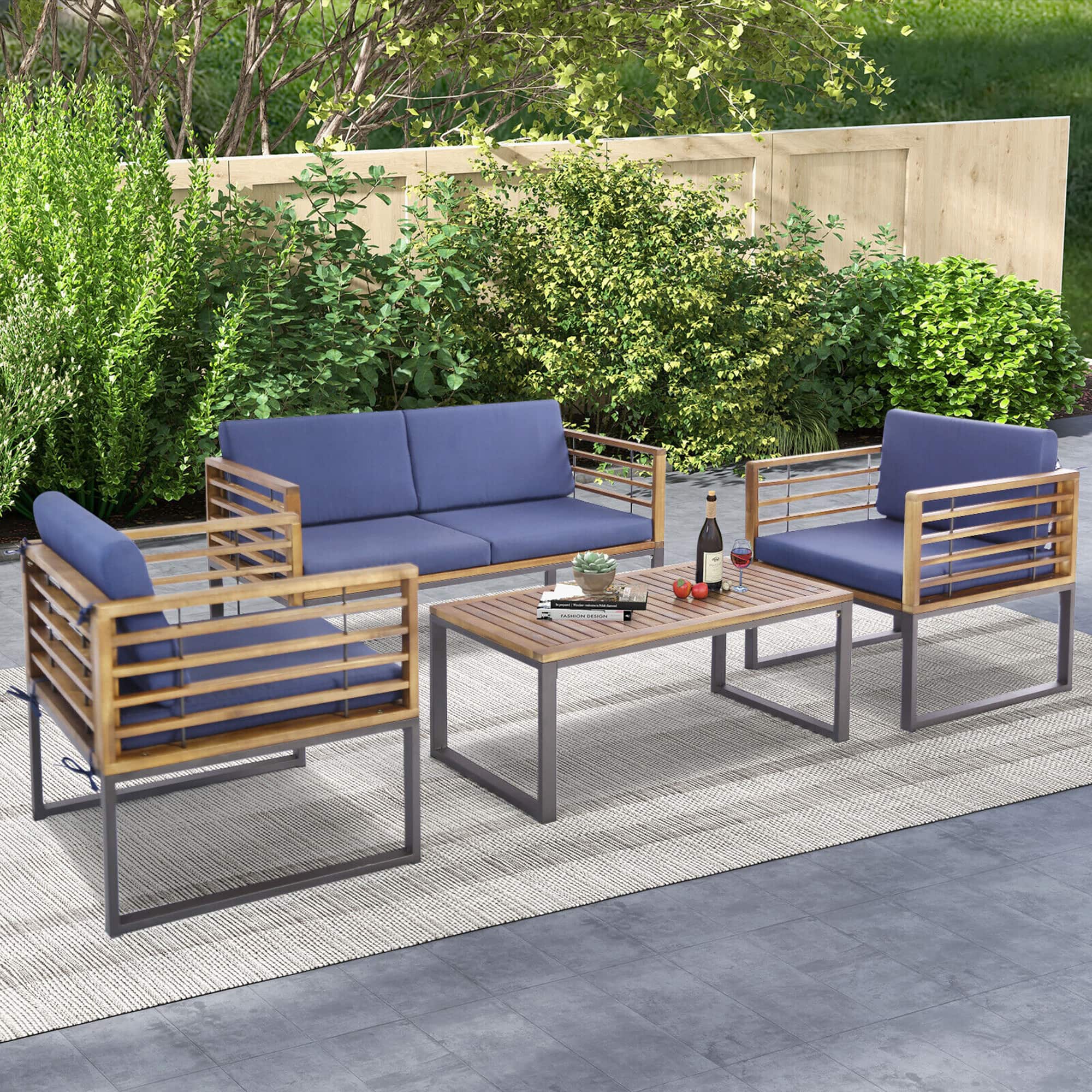 Gymax - 4PCS Acacia Wood Patio Conversation Set Outdoor Furniture Set w/ Cushions - Navy price history on PriceWatchPro