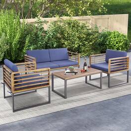 Gymax - 4PCS Acacia Wood Patio Conversation Set Outdoor Furniture Set w/ Cushions - Navy