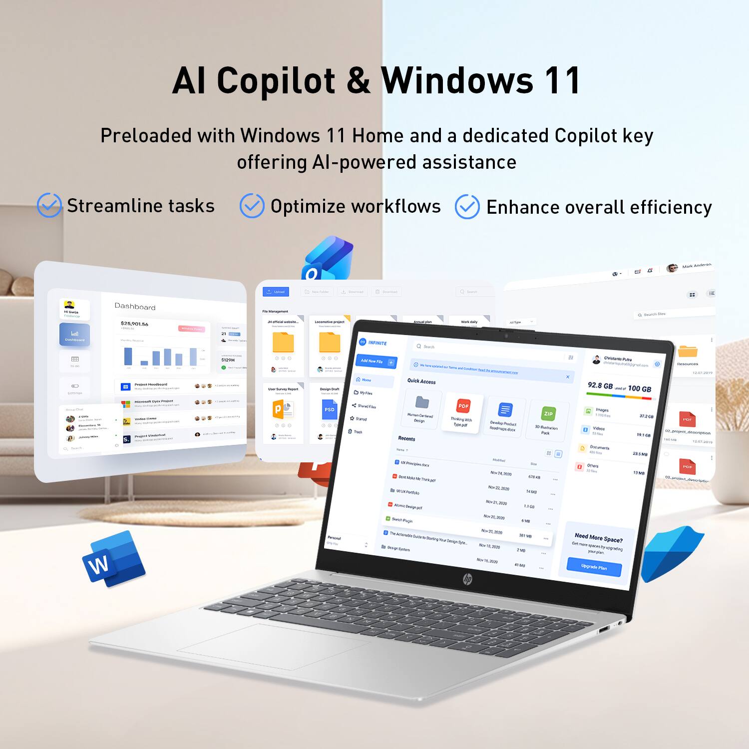 AI Copilot & Windows 11

Preloaded with Windows 11 Home and a dedicated Copilot key offering AI-powered assistance

- Streamline tasks
- Optimize workflows
- Enhance overall efficiency

Dashboard

Quick Access

92.8 GB - 100 GB

Need More Space?