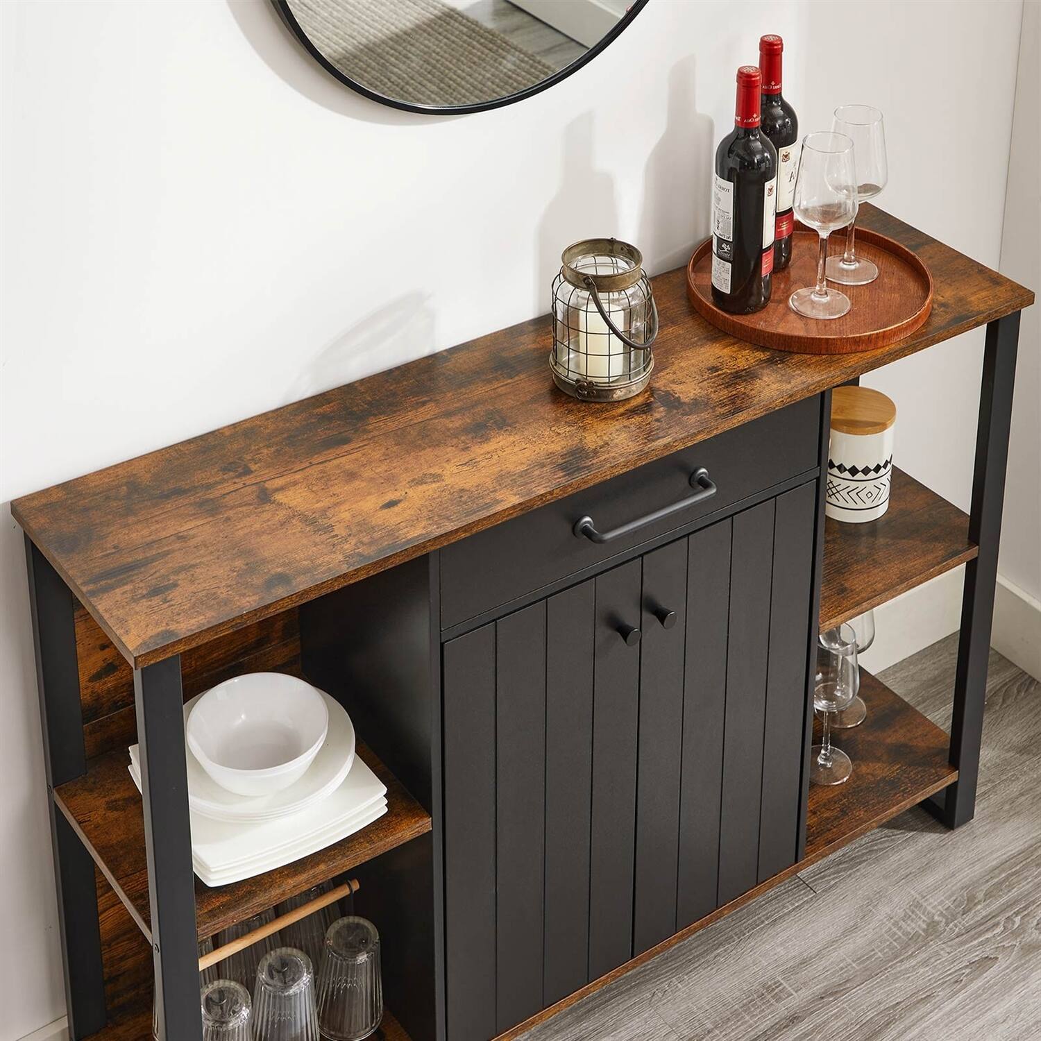 Angle. Hivvago - Farmhouse Rustic Wood Buffet Dining Sideboard Storage Cabinet - Rustic Brown, Black.