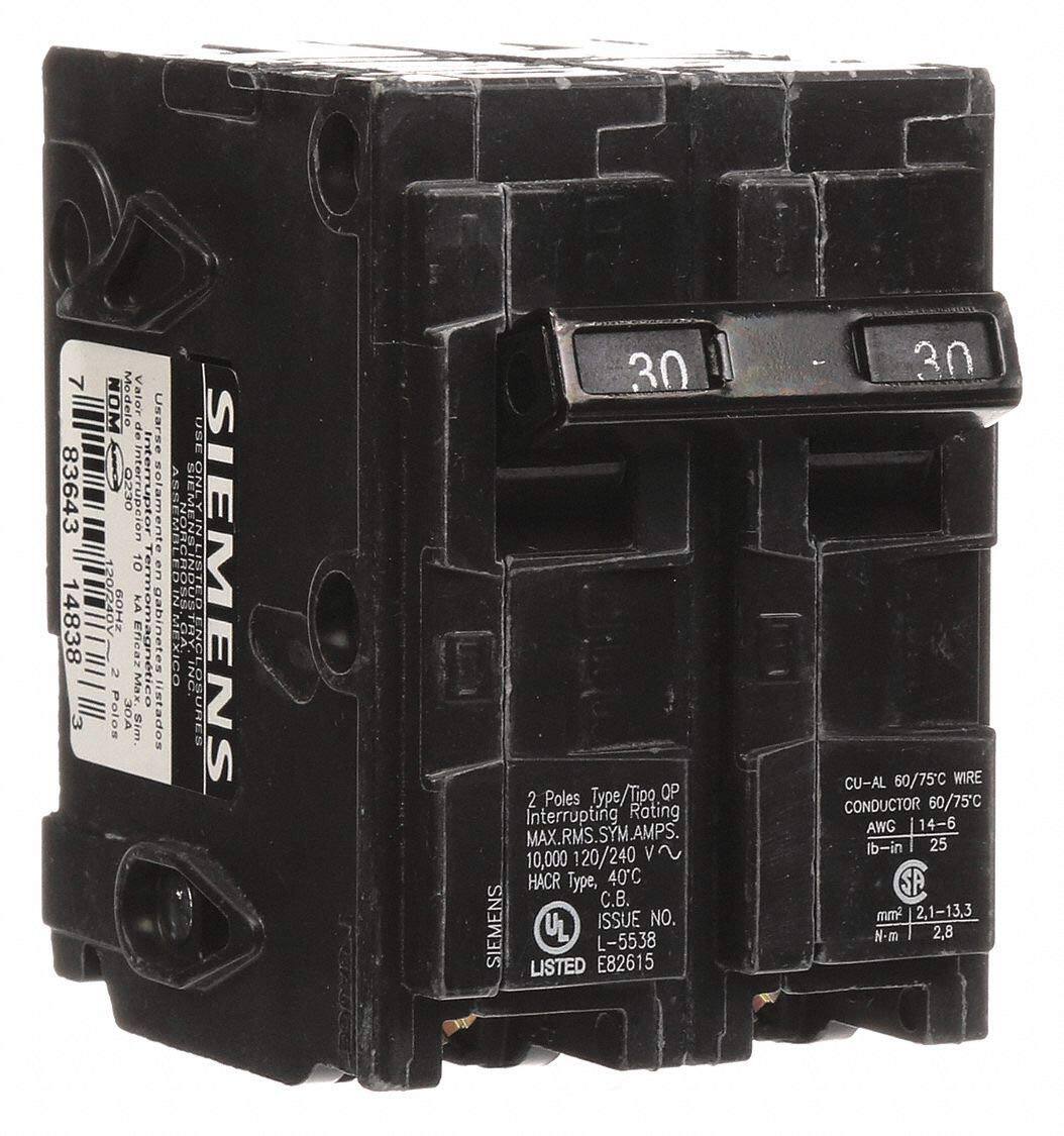 7 Valor NOM Modelo de Usarse 83643 I 0230 Interrupción erruptor solamente 10 60Hz KA 14838 / //// 2 Eficaz Max omagntico gabinetes /// Polos 30A Sim sope

MEXICO ASSEMBLEDIN'N
USE OSURES
ENS

30 2 Poles Type/Tipo QP Interrupting Rating MAX.RMS.SYM.AMPS. 10,000 120/240 Vn HACR Type, 40C .. ISSUE NO. SIEMENS LISTED UL E82615 L-5538
30 CU-AL 60/75C WIRE CONDUCTOR 60/75C AWG 14-6 Ib-in 25 SP mm2 2,1-13,3 N-m 2,8