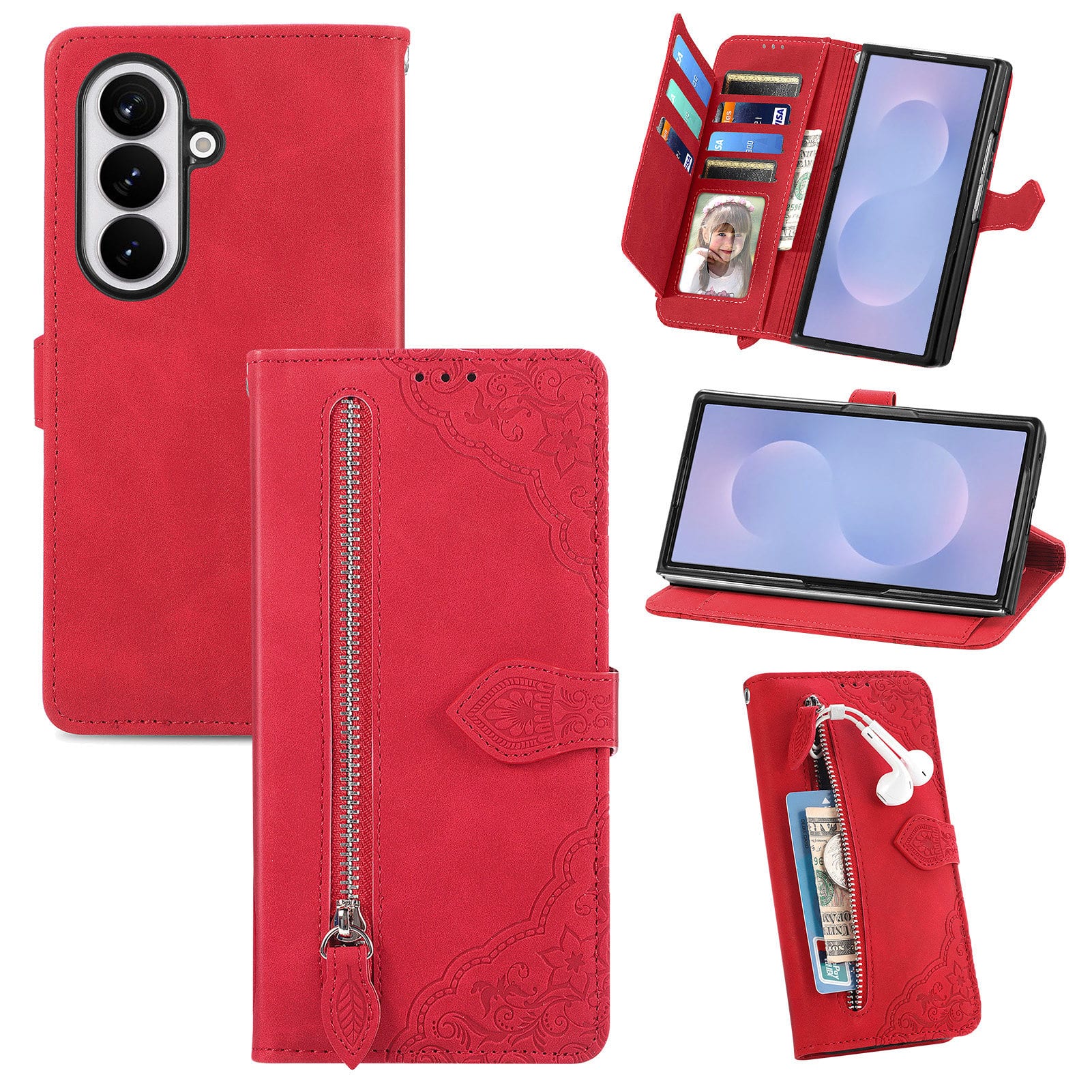 Dteck - For Samsung Galaxy Z Fold 8 Ultra Wallet Case, Zipper Pocket with Card Holder Slot Magnetic Lanyard Flip Cover - Red price history on PriceWatchPro