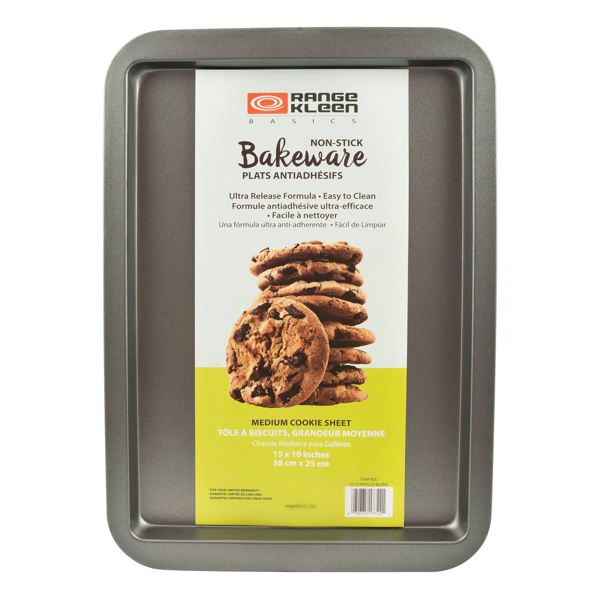 RANGE KLEEN BASICS NON-STICK Bakeware PLATS ANTIADHSIFS Ultra Release Formula Easy to Clean Formule antiadhésive ultra-efficace Facile à nettoyer Una fórmula ultra anti-adherente Fácil de limpiar MEDIUM COOKIE SHEET TÉLÉ À BISCUITS, GRANDEUR MOYENNE Charola Mediana para Galletas 15 x 10 Inches 38 cm x 25 cm