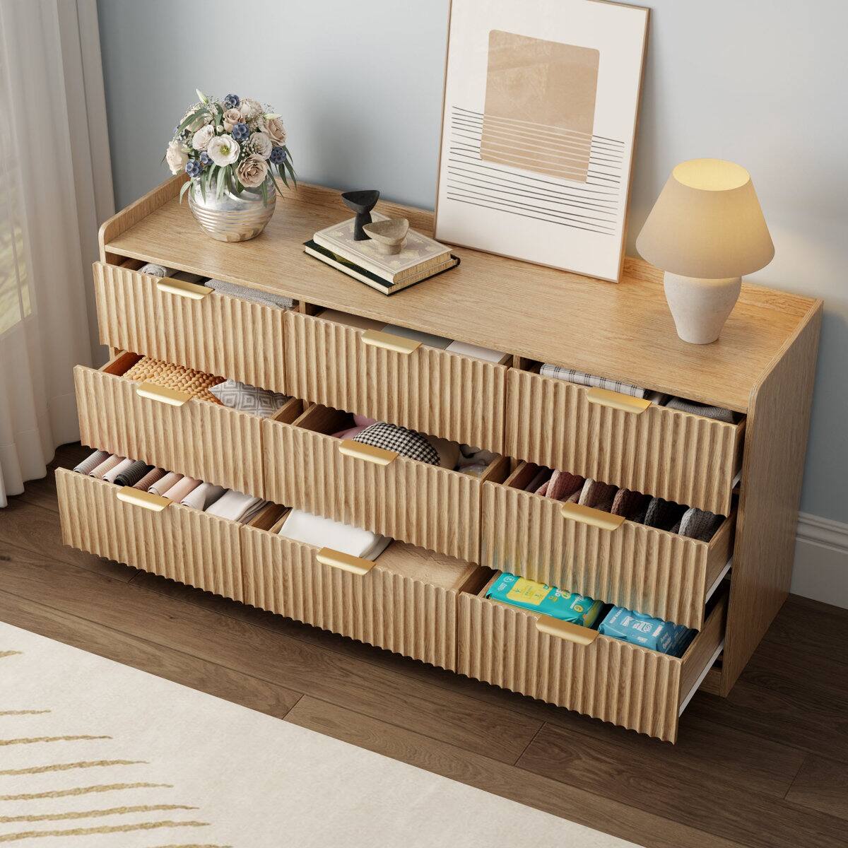 Alt View 1. Furnulem - 9 drawer Dresser Wood Wide Chest Of Drawers With Metal Handle - Gold.