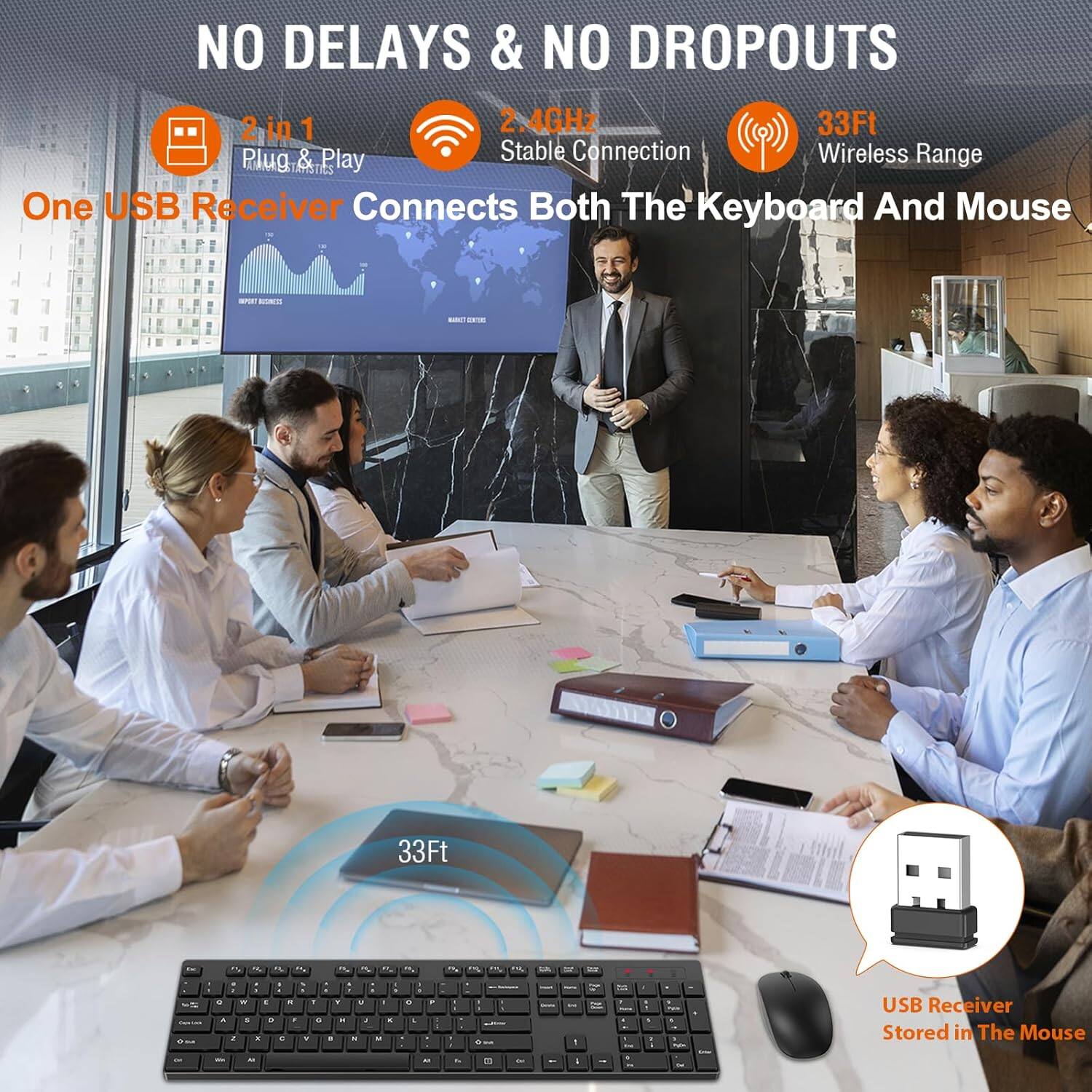 NO DELAYS & NO DROPOUTS

2 in 1
Plug & Play

2.4GHz
Stable Connection

33Ft
Wireless Range

One USB Receiver Connects Both The Keyboard And Mouse

USB Receiver Stored in The Mouse